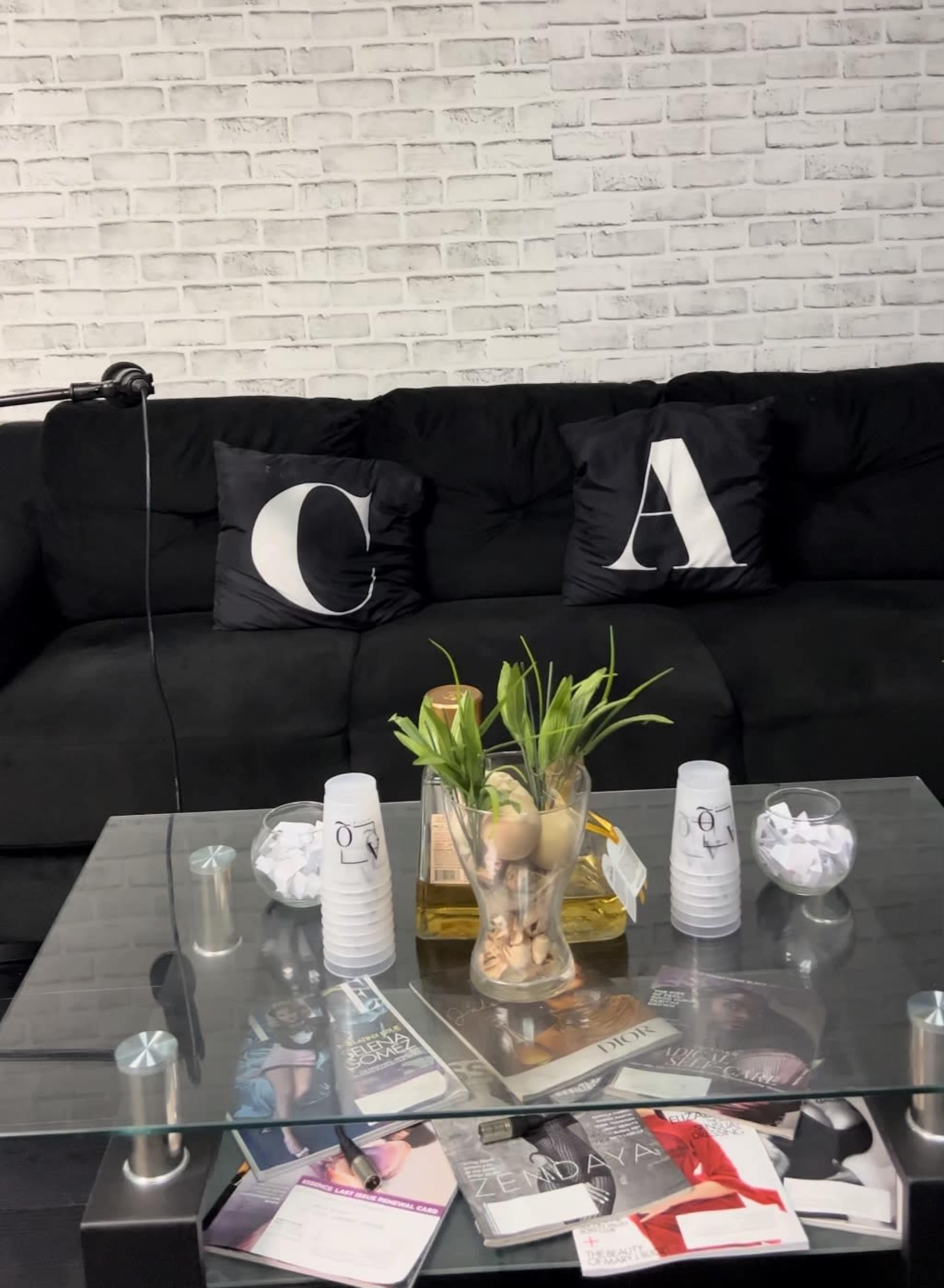 A black couch with lettered cushions, a glass coffee table adorned with magazines and a vase containing decorative plants, alongside bottles partially visible.