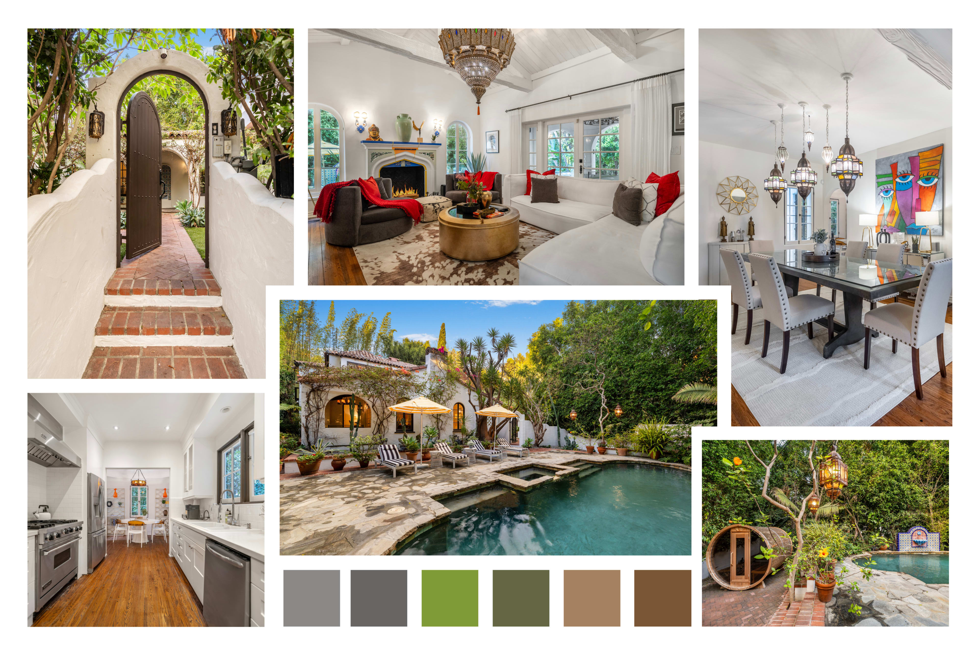 The image showcases a luxurious home with a mix of interior and exterior spaces, including a welcoming entrance, a cozy living room, a dining area with decorative lighting, a modern kitchen, and a tranquil outdoor pool area surrounded by lush greenery.