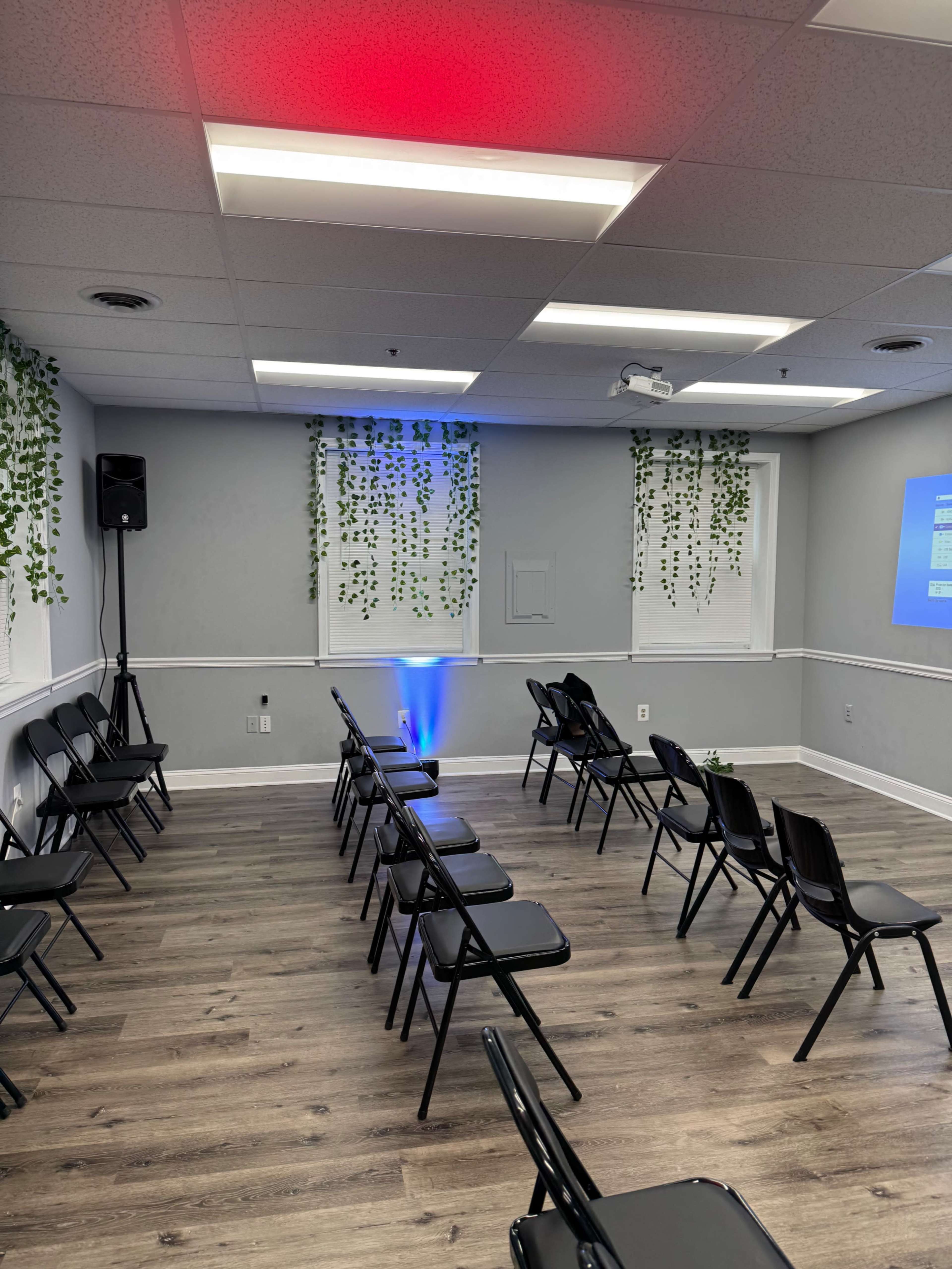 The image shows a room set up with black chairs arranged in rows, with greenery hanging on the walls and a projection screen displaying blue light in the background.