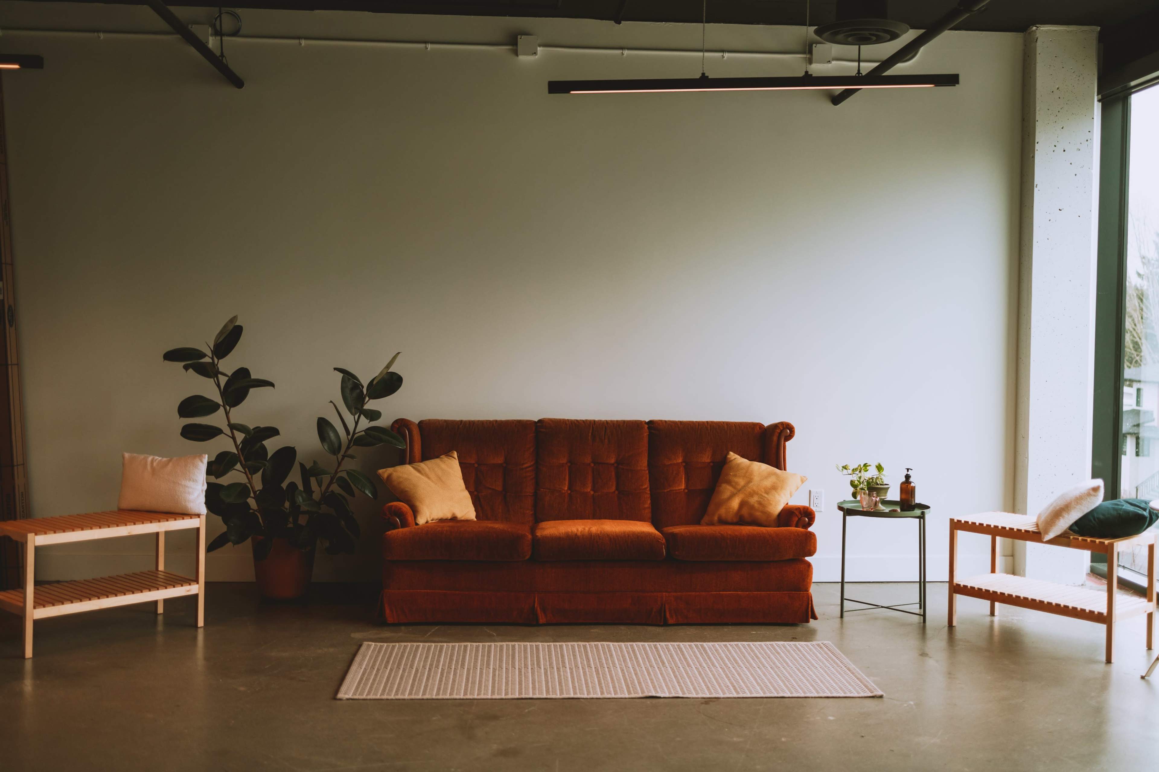 An orange velvet sofa in a minimalist room with a potted plant, wooden tables, and a light rug on the concrete floor.