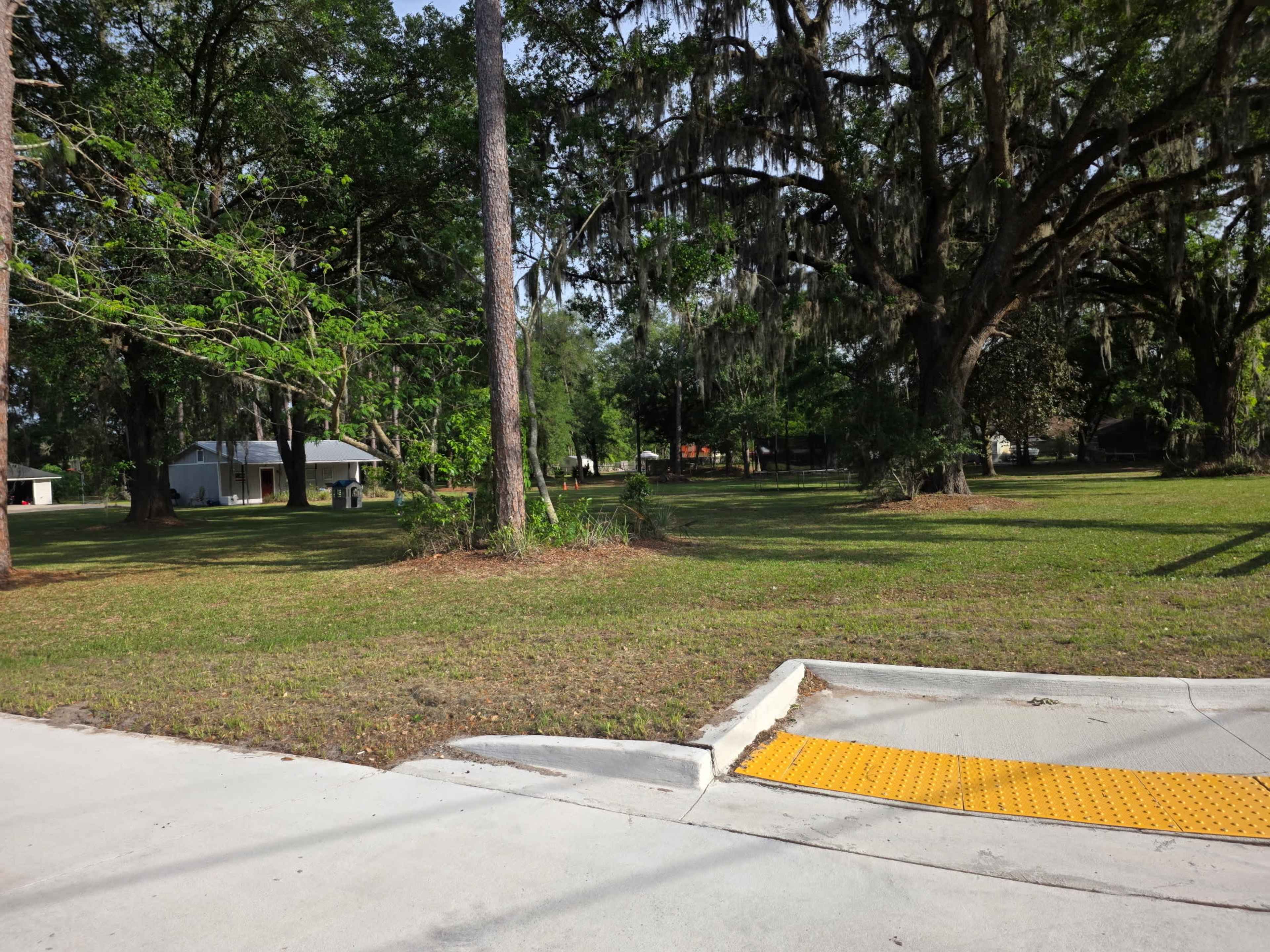 The image shows a grassy area bordered by trees, with a sidewalk and a yellow tactile paving strip leading to the edge of the scene.