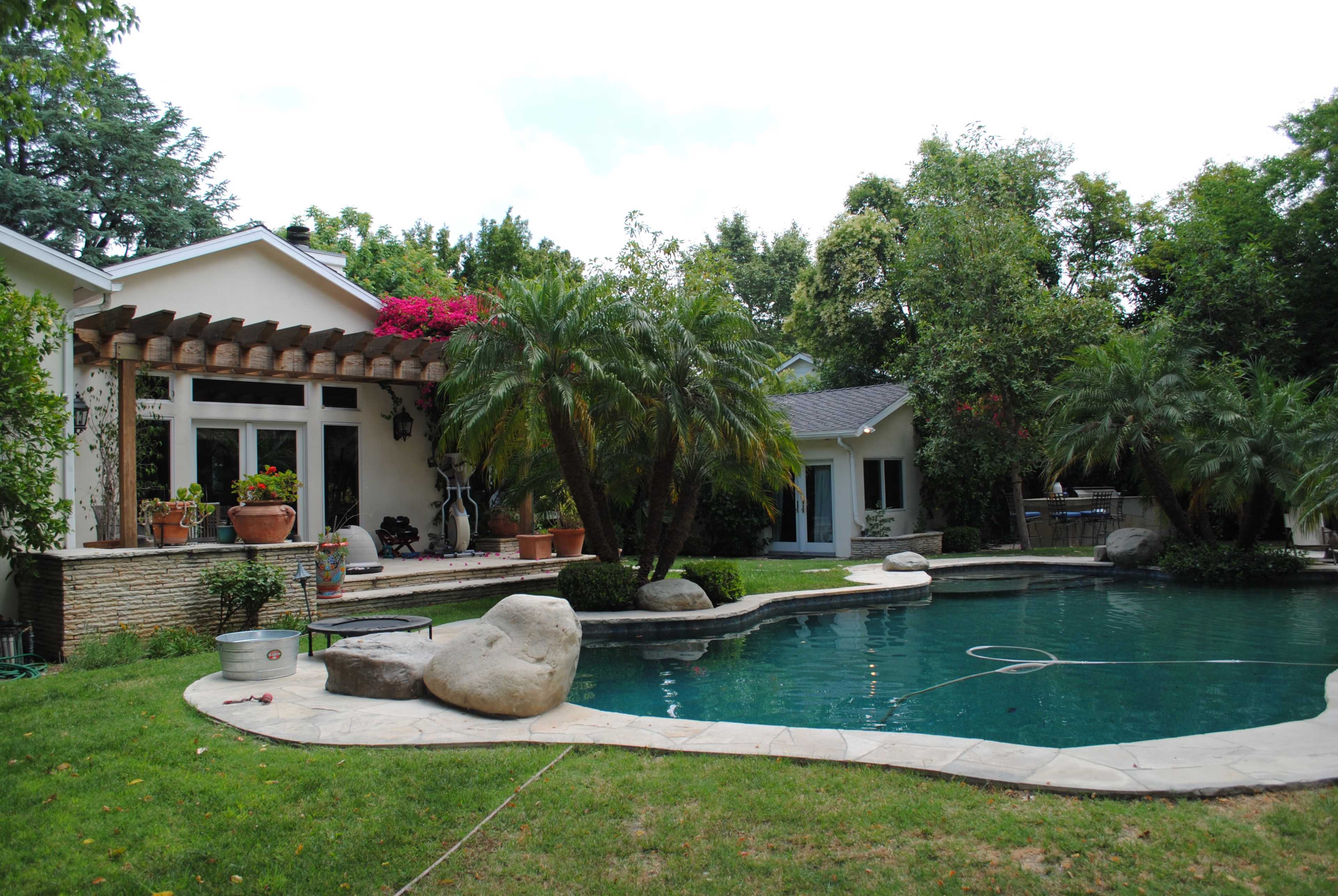 A backyard features a swimming pool surrounded by rocks, palm trees, and a patio with potted plants and a trellis.
