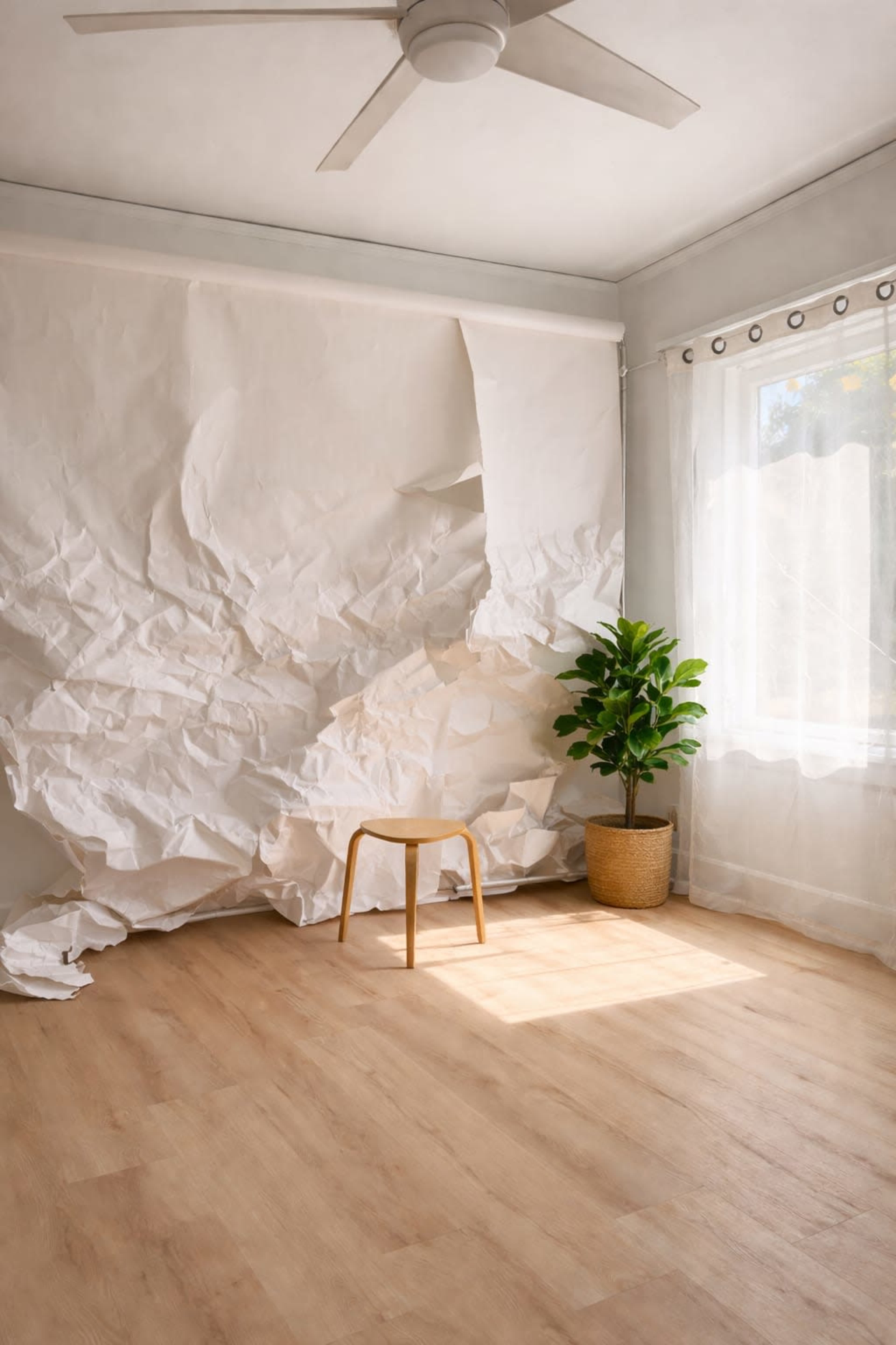 A small room features a wrinkled white paper wall, a wooden chair, and a potted plant near a sunlit window.