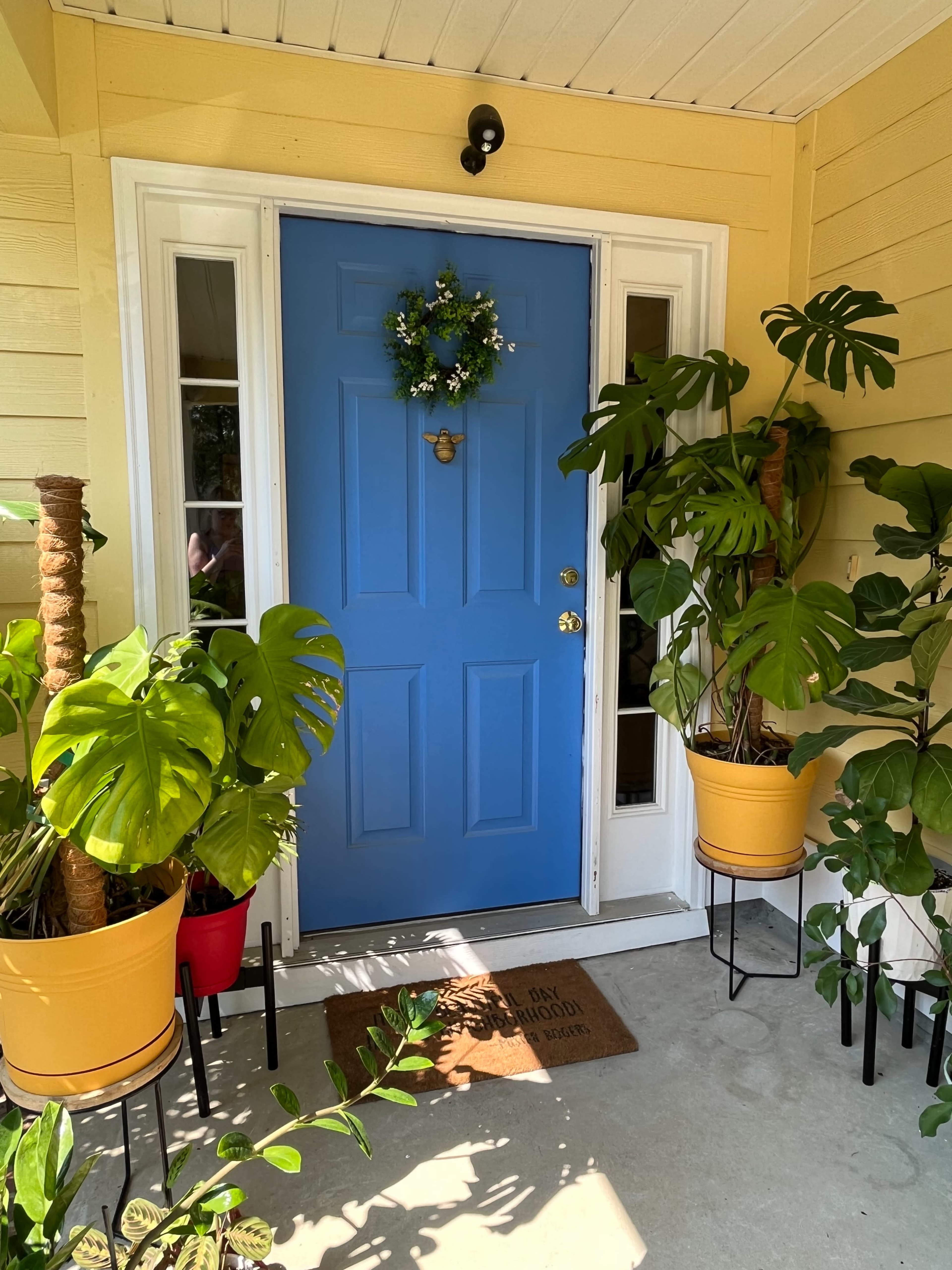 The image shows a blue front door framed by large potted plants and a welcome mat on the porch.