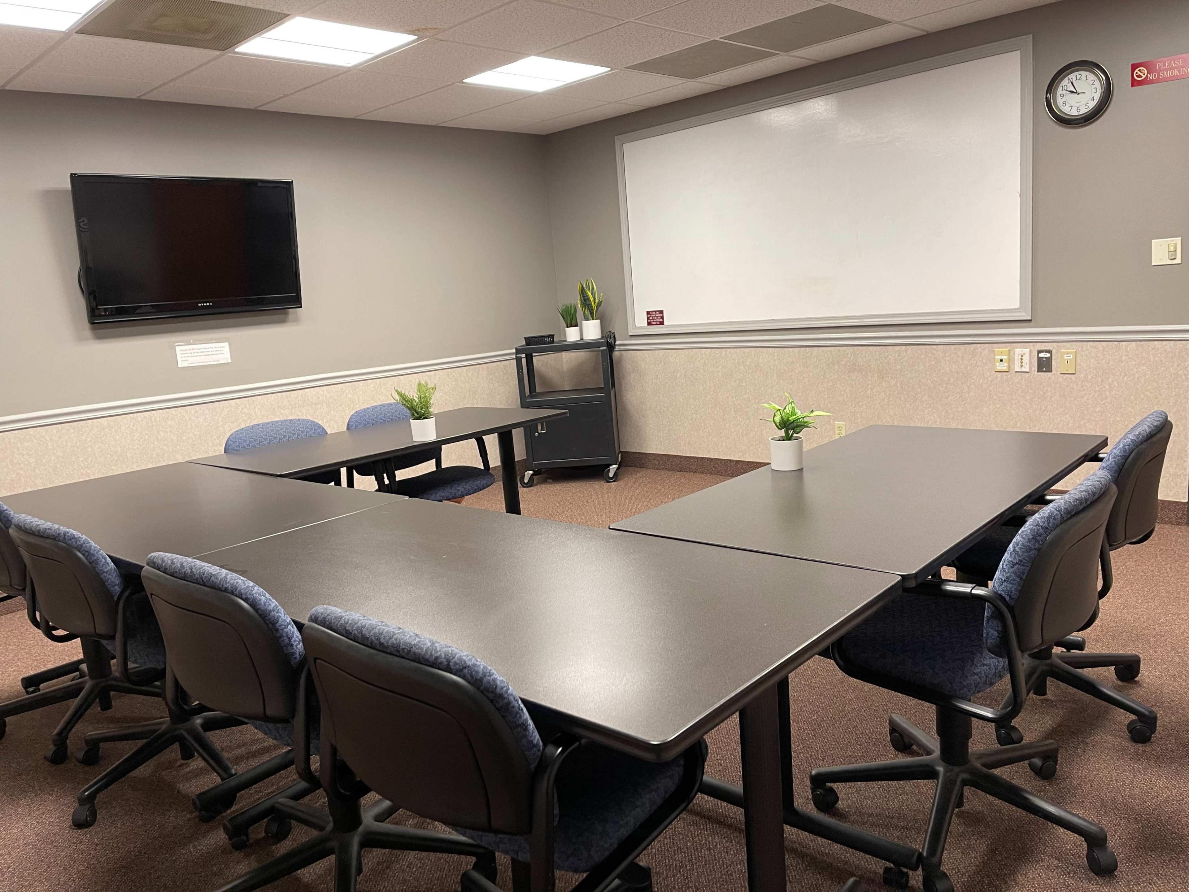 A conference room with a rectangular table arranged with chairs, a television mounted on the wall, a whiteboard, and small potted plants on the tables.