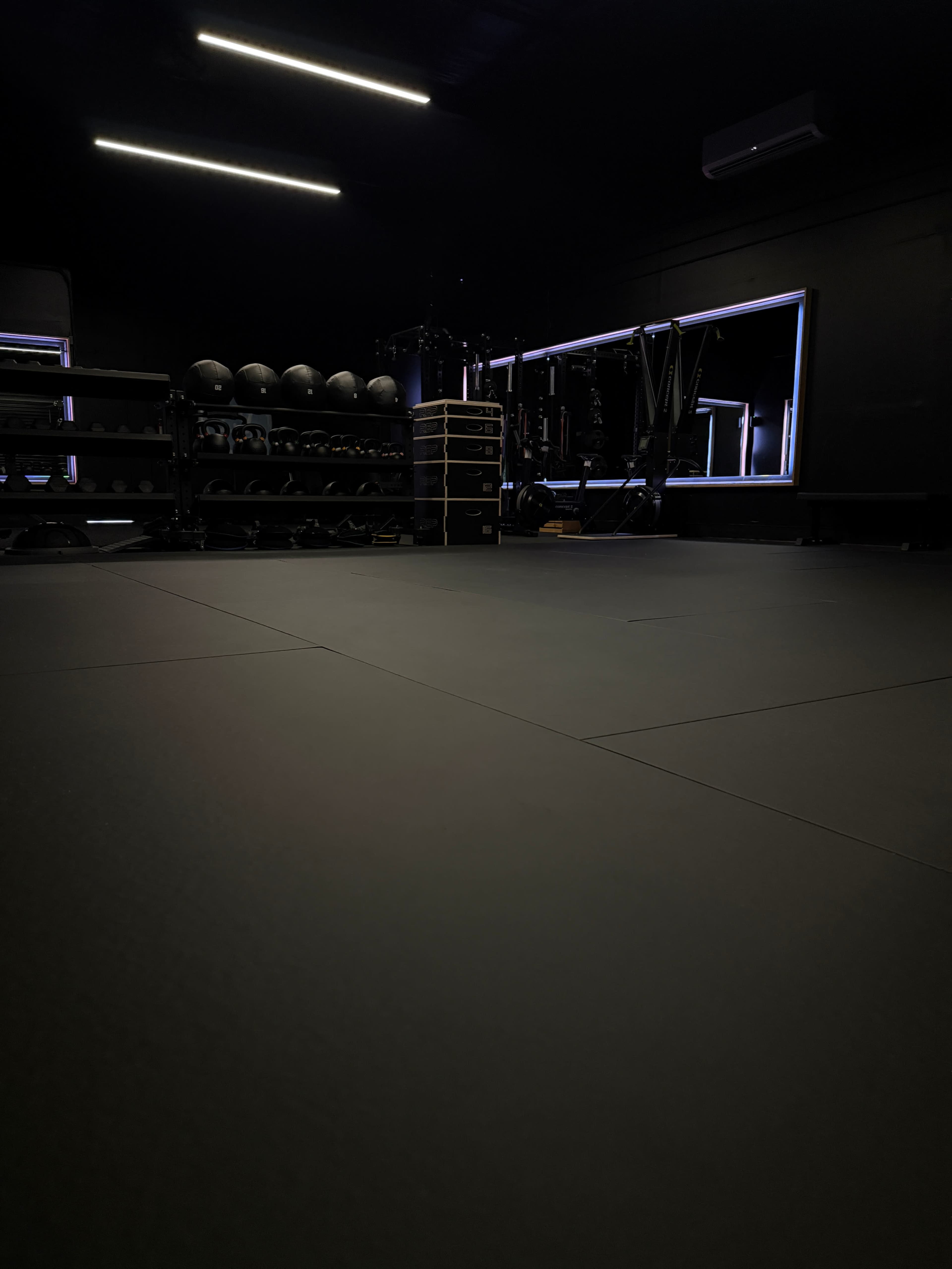 The image shows a dark training room with exercise equipment, including weights and a mirror, arranged on one side.