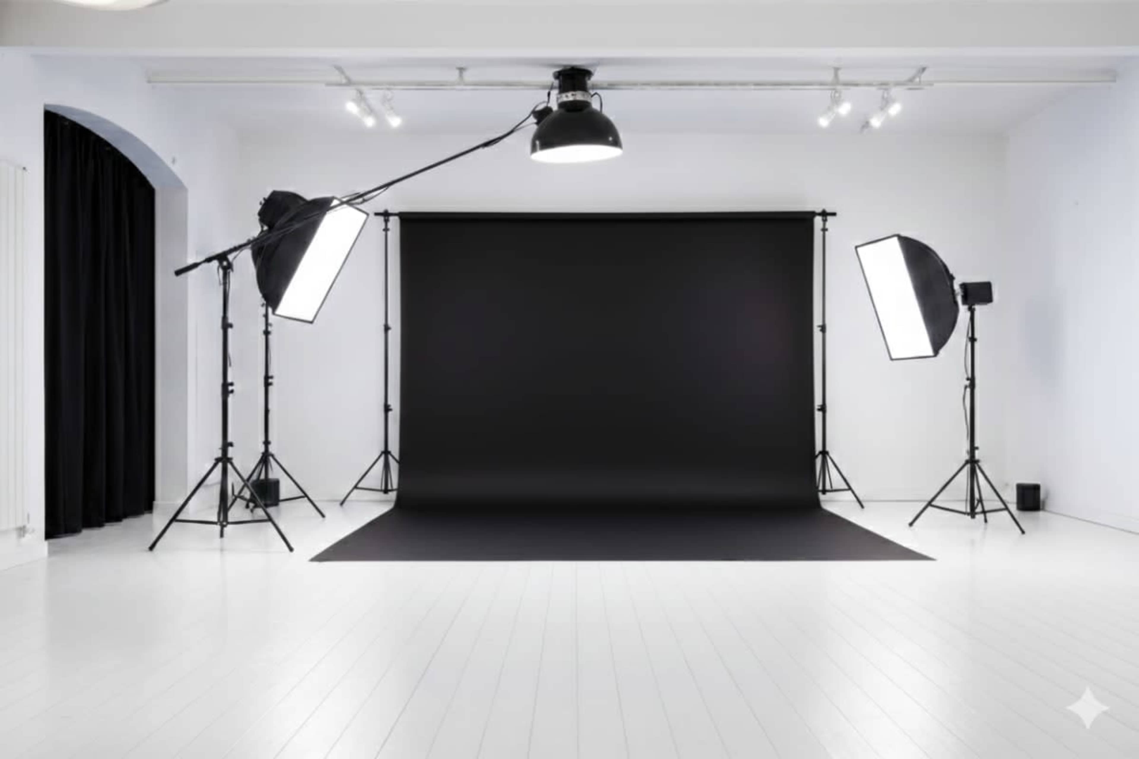 The image shows a photography studio featuring a black backdrop, studio lights on tripods, and a white wooden floor.