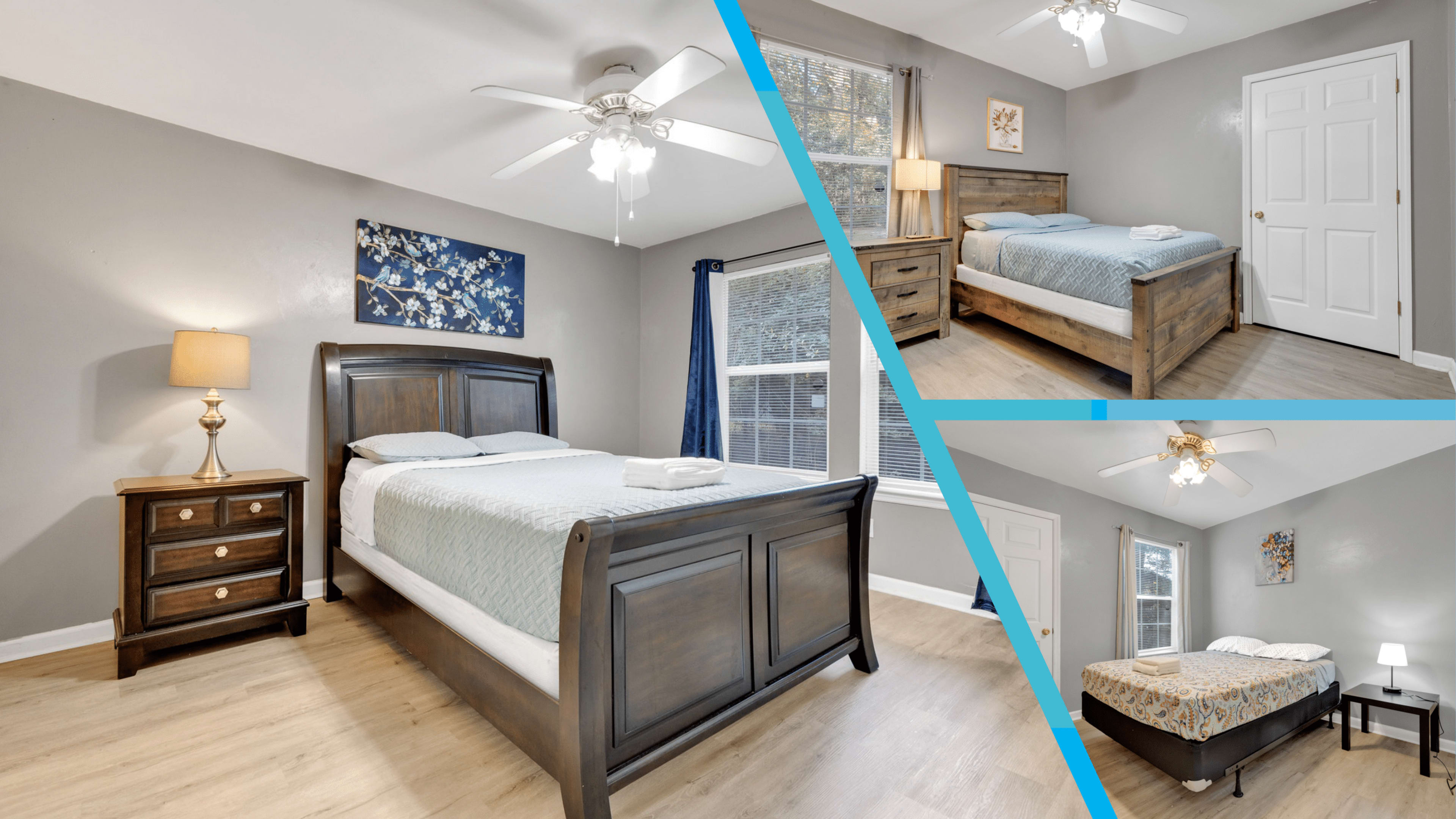 A tidy bedroom featuring a wooden bed with light bedding, a bedside table with a lamp, and additional furniture including a dresser and a second bed in a corner.