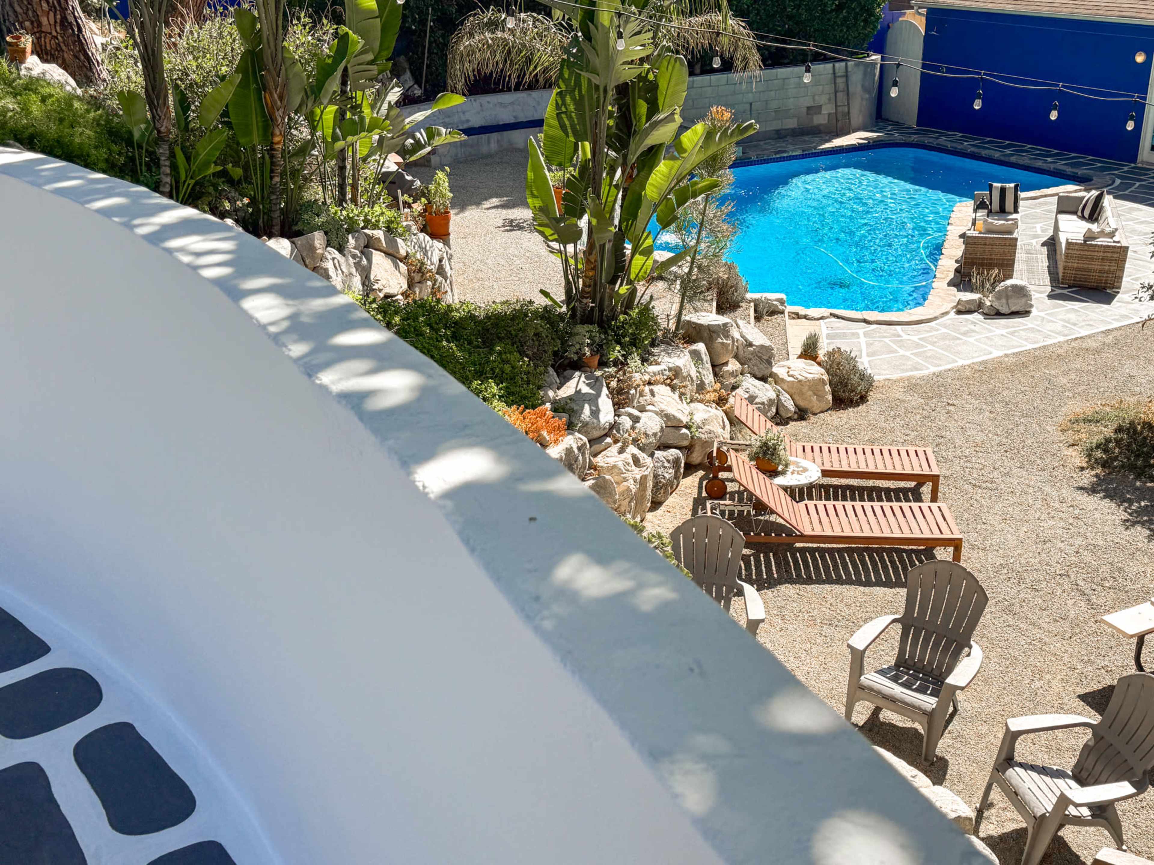 The image shows a landscaped backyard with a blue swimming pool surrounded by chairs and rocks, framed by palm trees and a concrete wall.