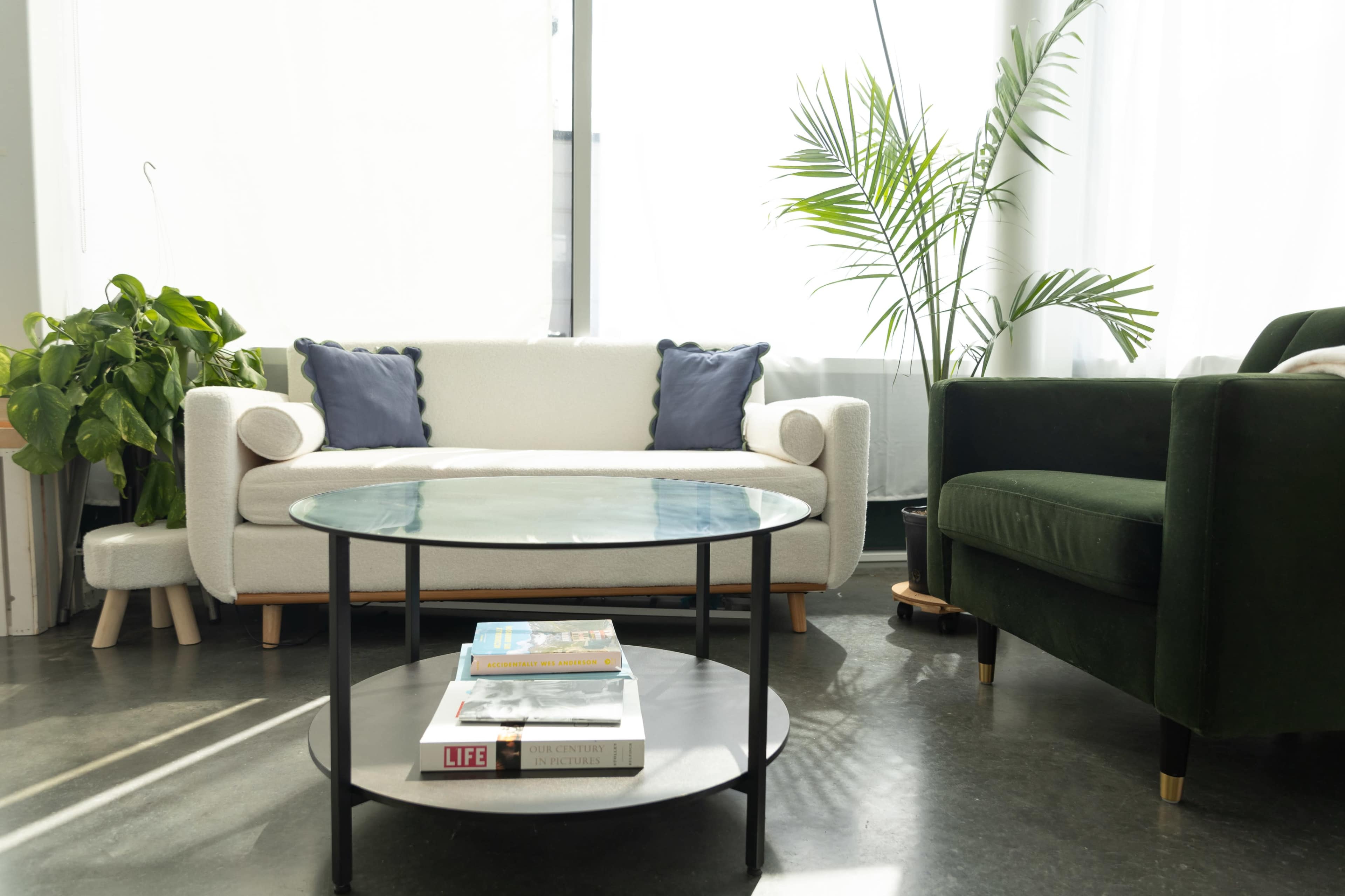 The image depicts a modern living space with a white sofa, a green armchair, a round coffee table with books on it, and a large plant in the corner.