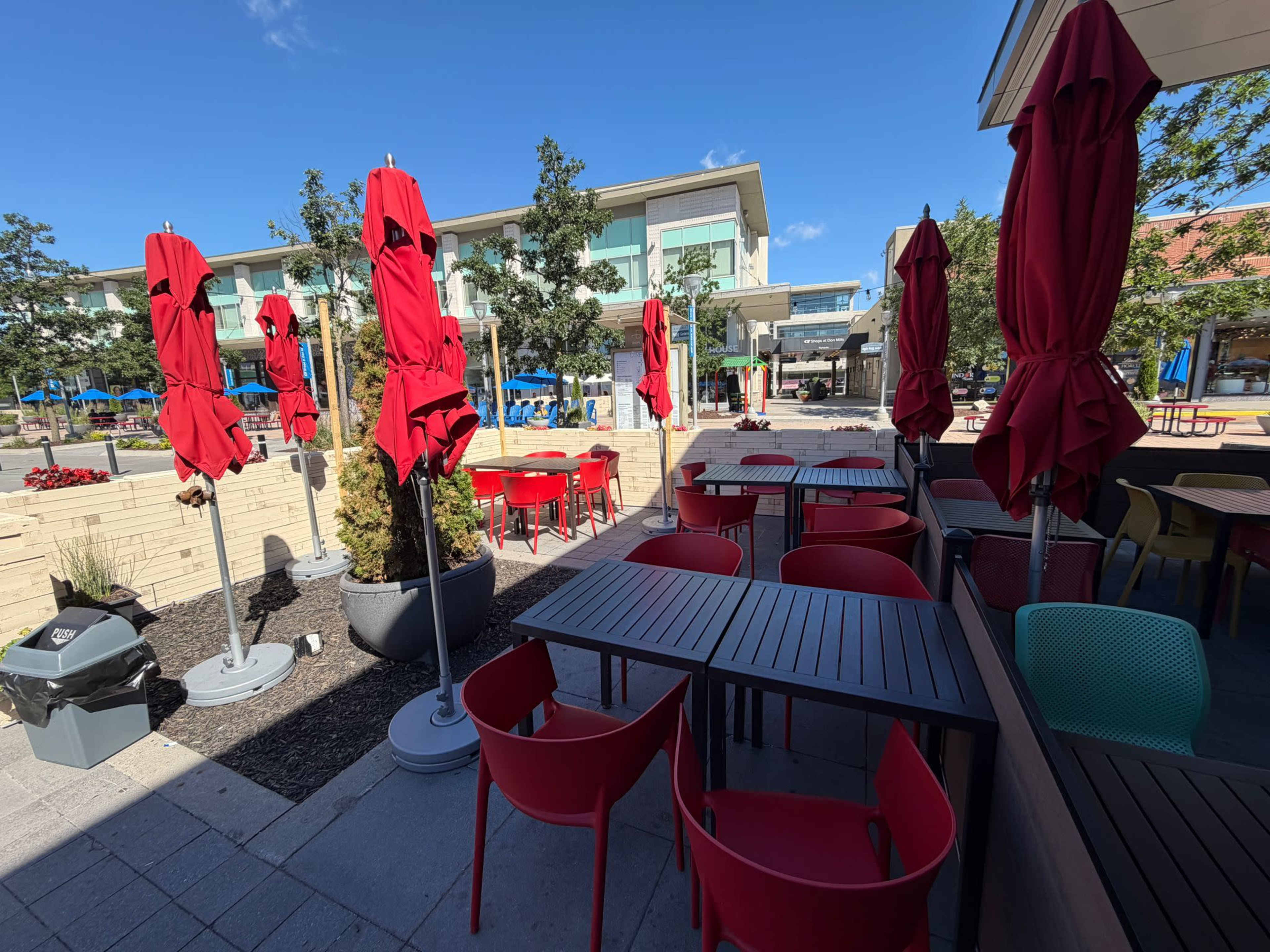 The image shows an outdoor dining area with red umbrellas, metal tables, and chairs, surrounded by trees and buildings under a clear blue sky.