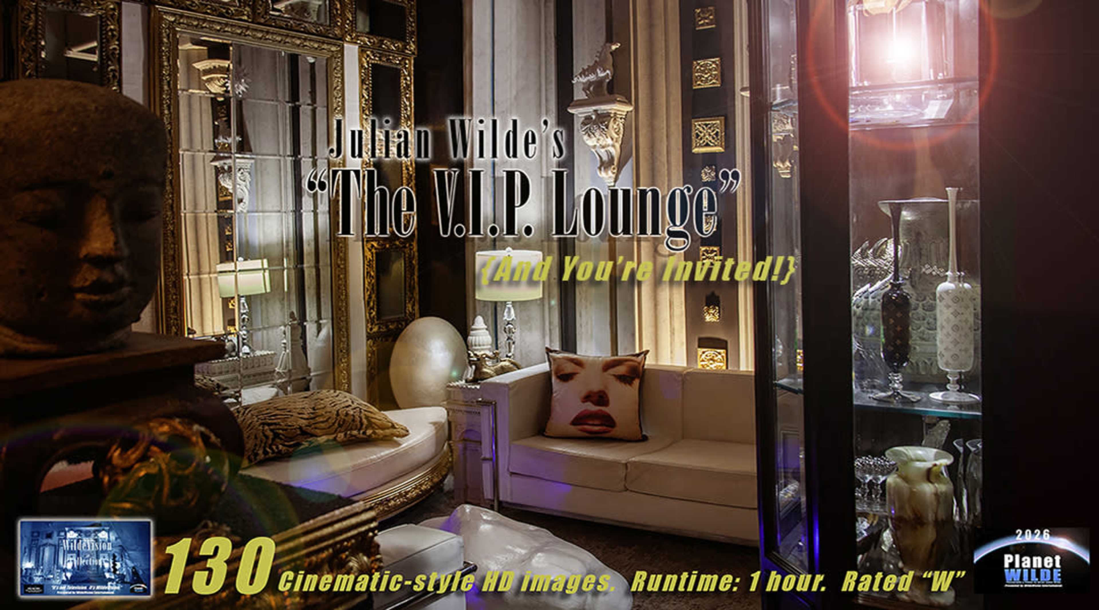 The image showcases an elegantly decorated VIP lounge with plush seating, ornate mirrors, and various decorative items displayed in glass cabinets.