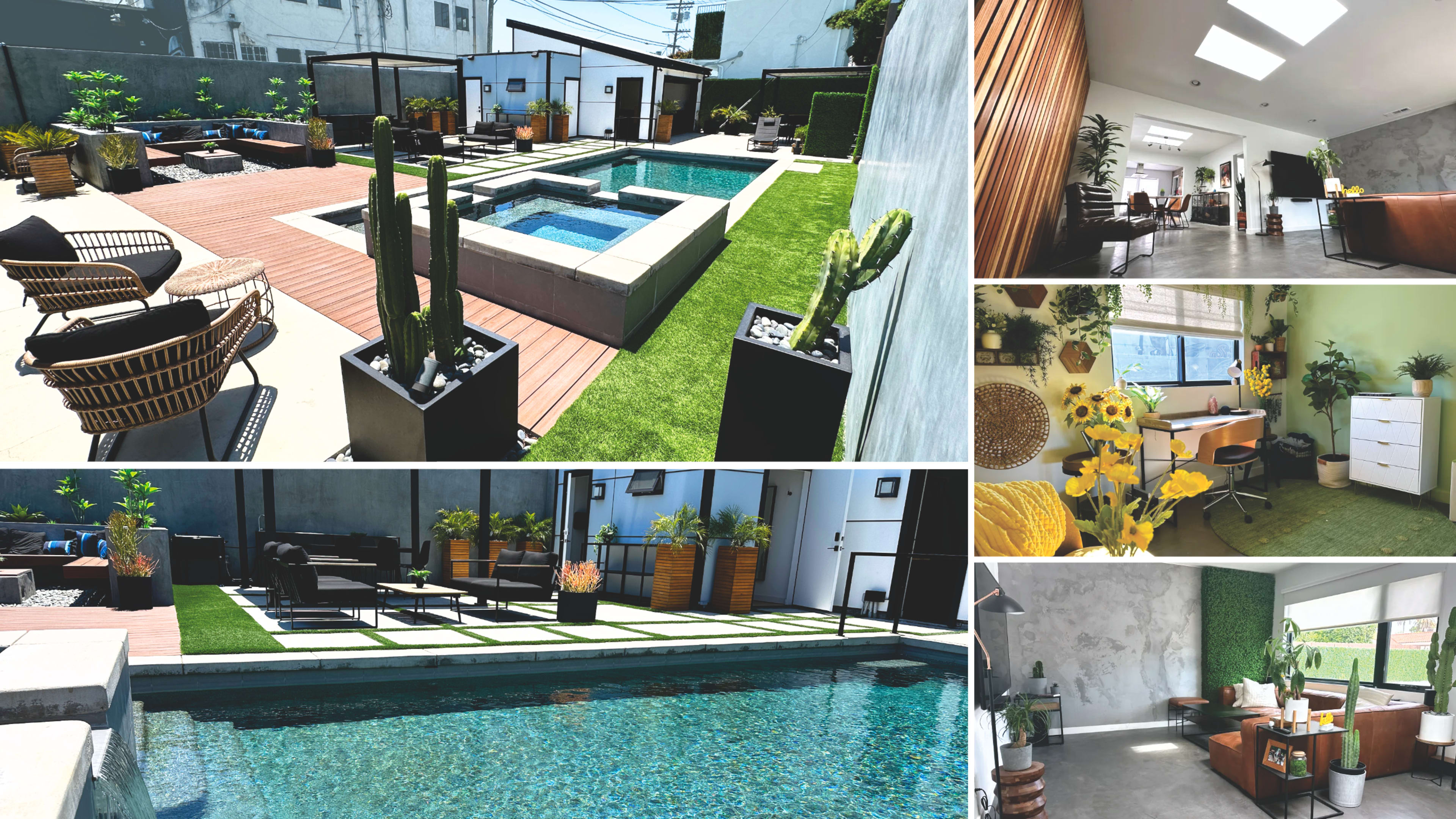 The image showcases a modern outdoor and indoor space featuring a pool, lounge chairs, planters, and a variety of plants in a well-lit environment.