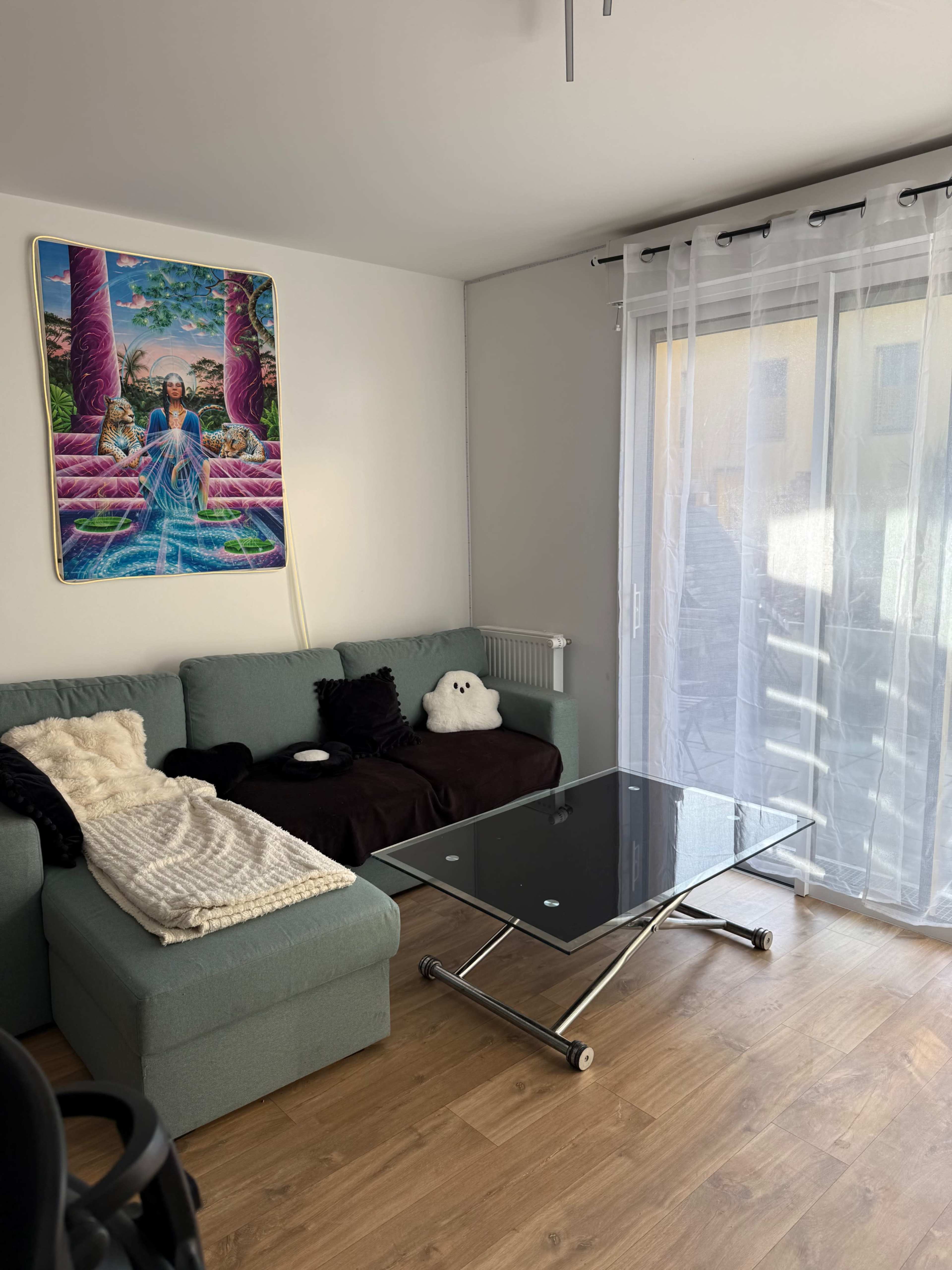 The room features a light green sofa with a black blanket, a glass coffee table, and a large colorful wall art piece, along with sheer curtains filtering natural light from a balcony.