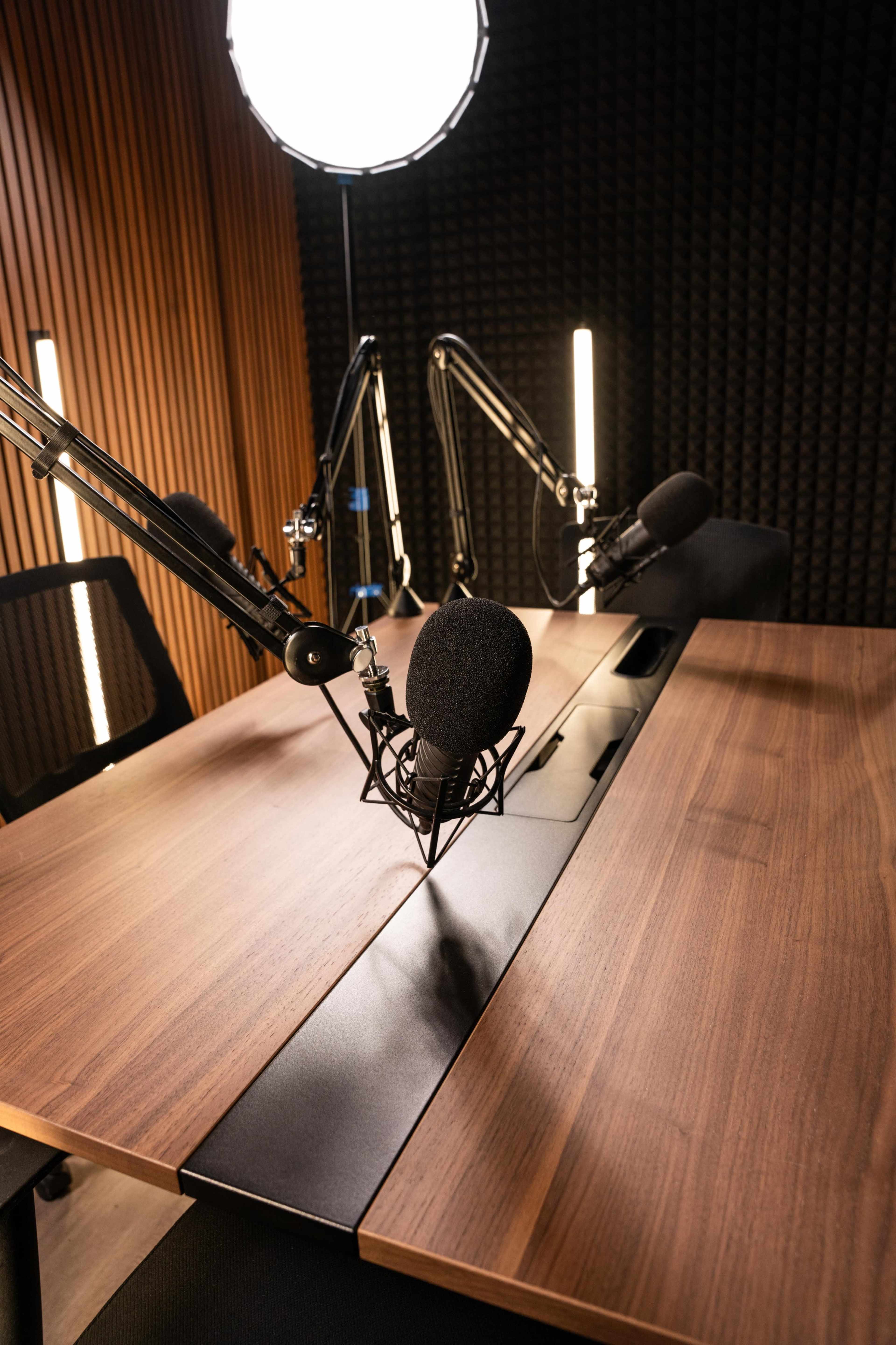 The image shows a recording studio setup with a wooden table, two adjustable microphone arms, and a circular light overhead.