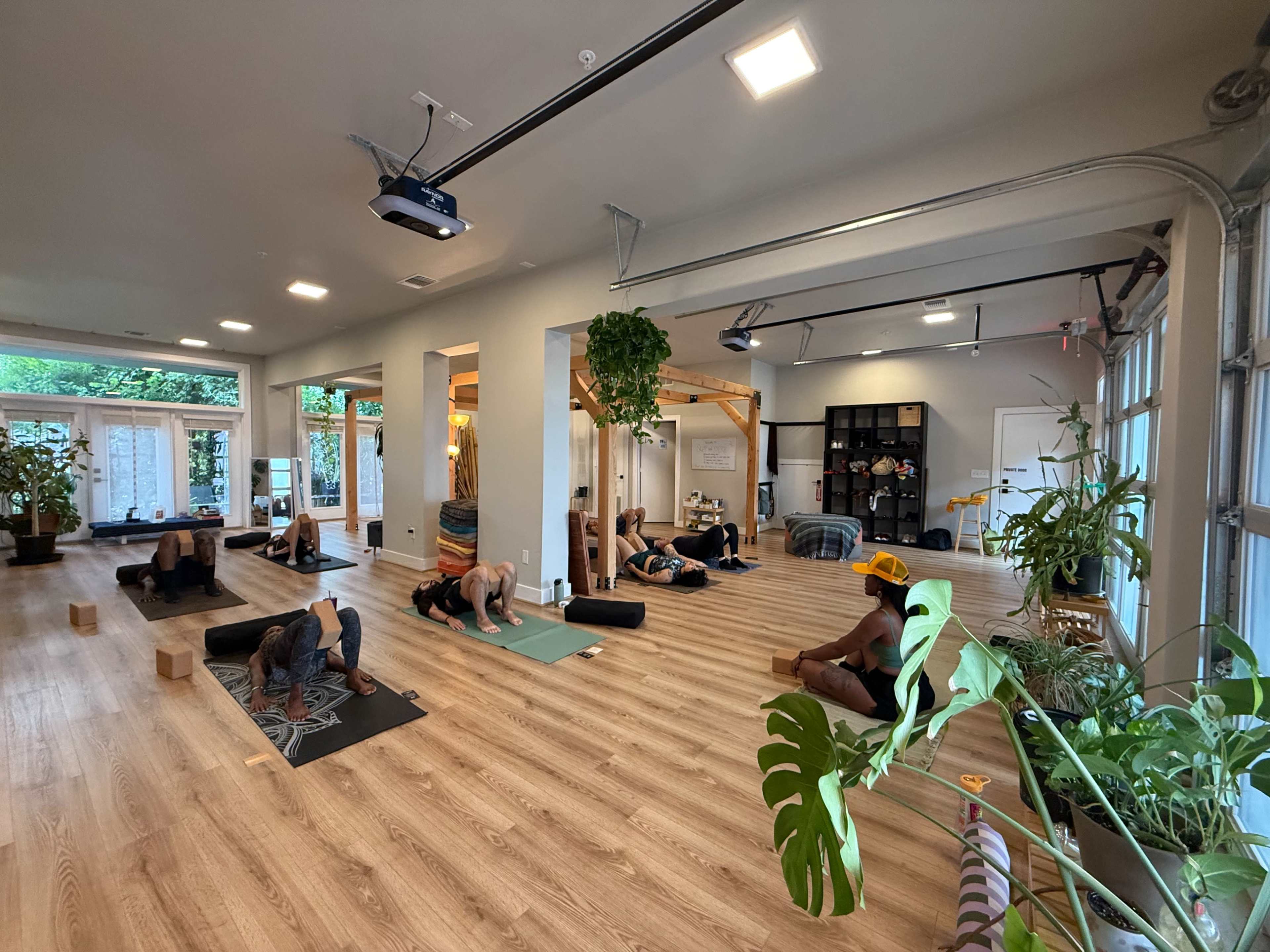 A yoga class is taking place indoors, with participants engaged in various poses on mats surrounded by plants and natural light.
