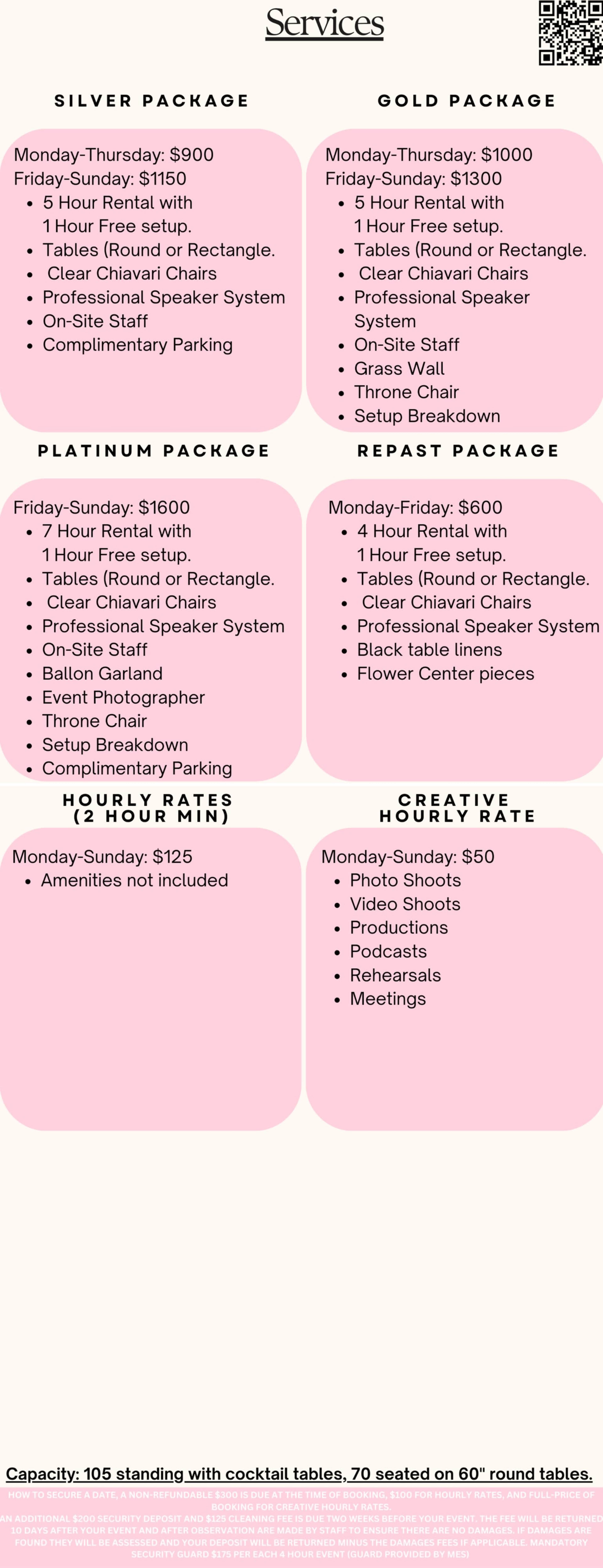A menu of event service packages with pricing and features, organized into sections for Silver, Gold, Platinum, and Rental packages.