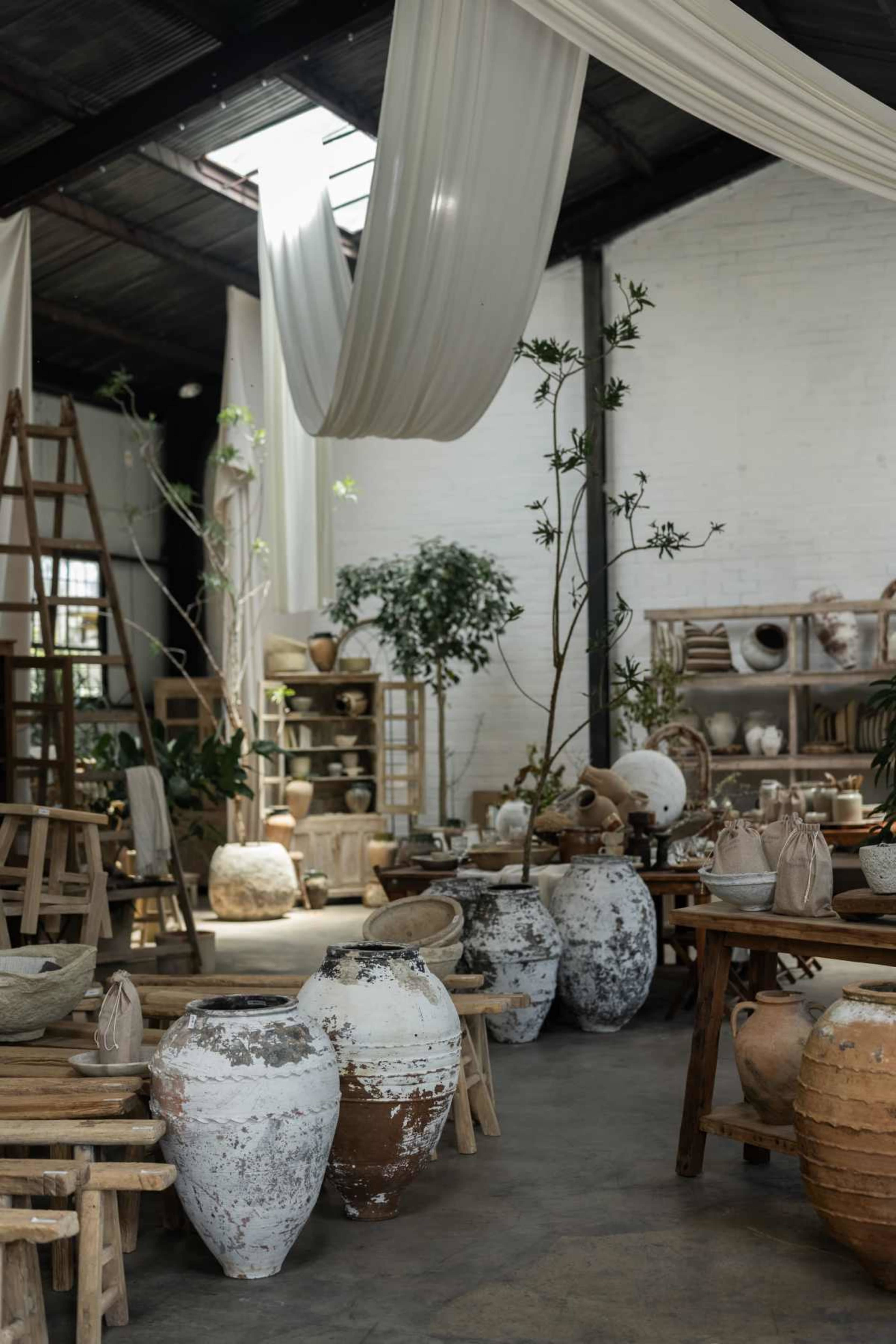 A spacious interior filled with various pottery pieces, wooden furniture, and greenery, all arranged in a well-lit setting.