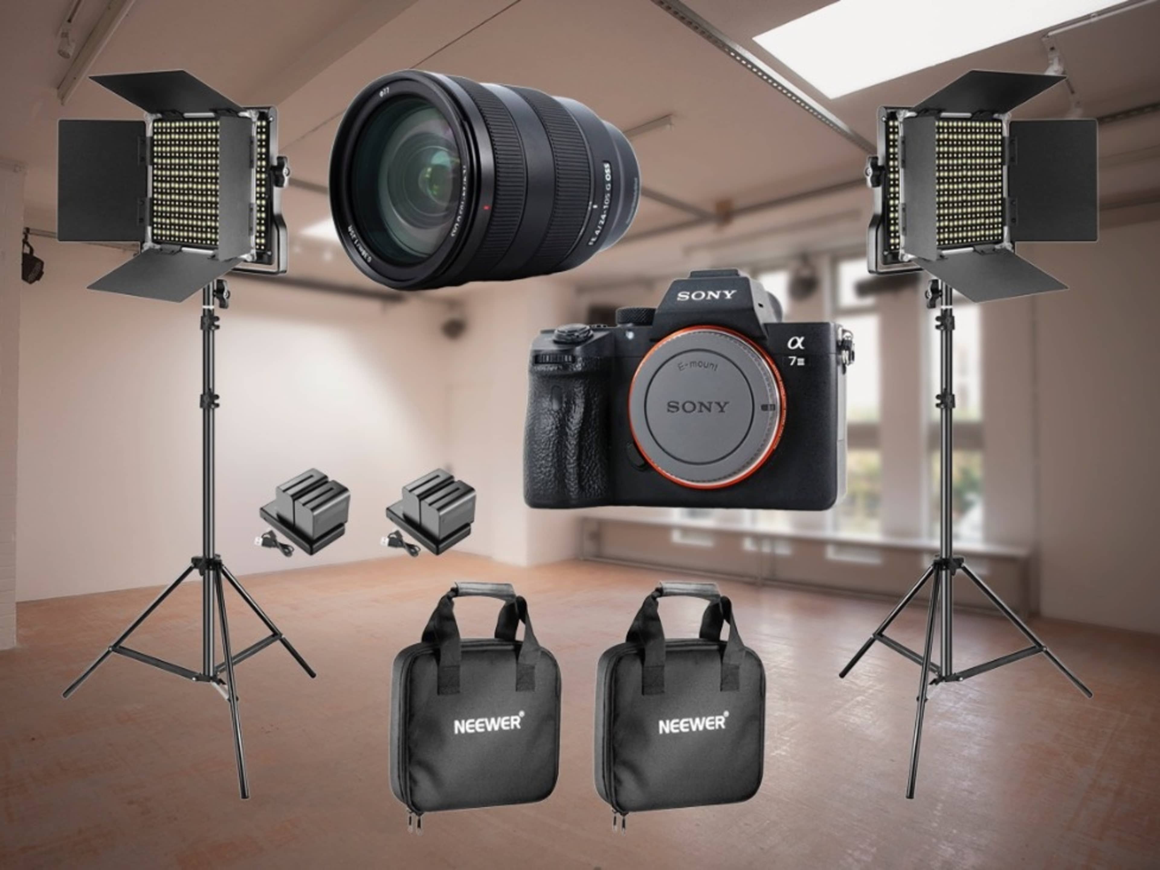 Sony A7iii (A73) camera, lens & 2 x LED panels