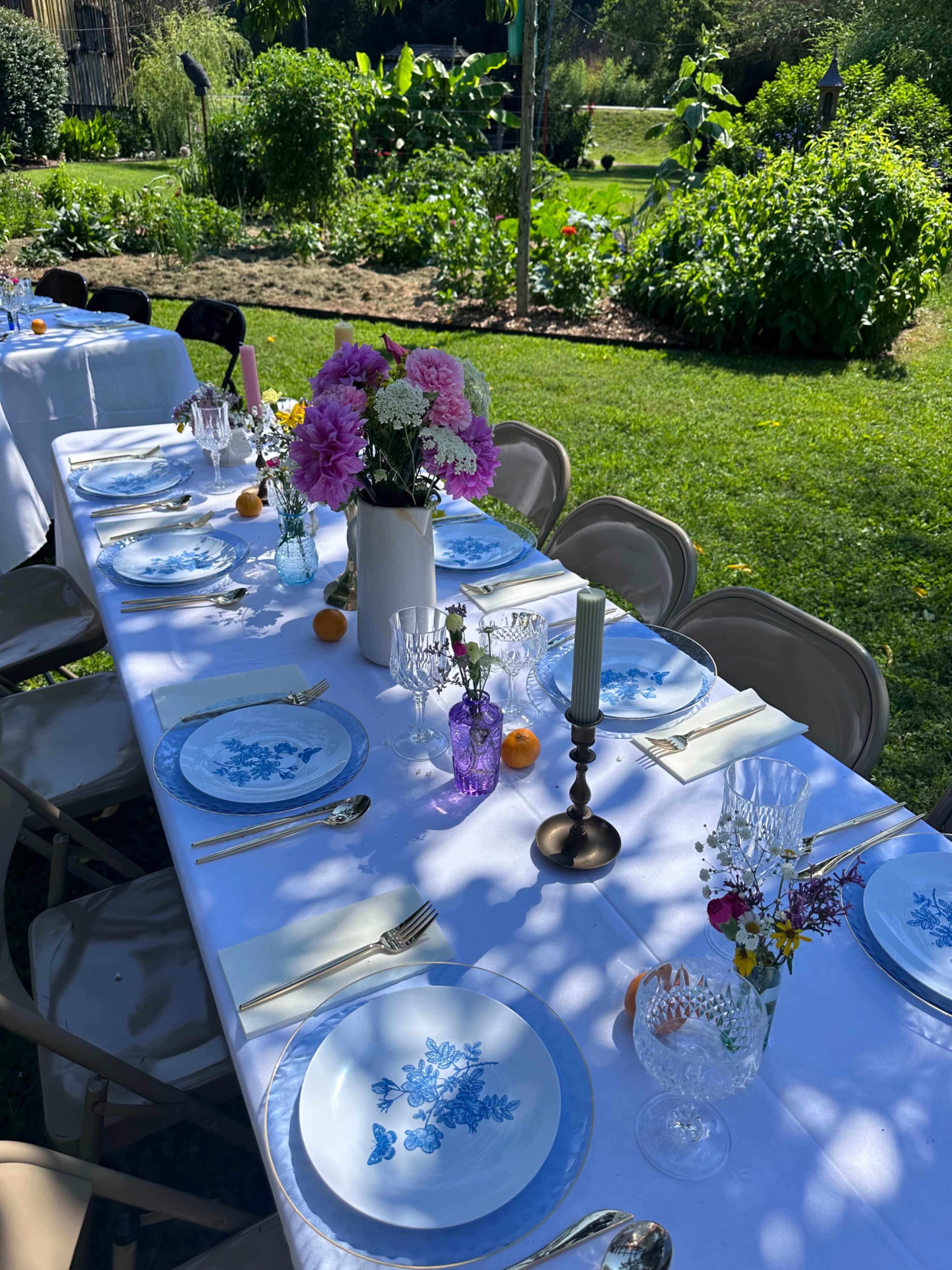 A long table is set for a dining event outdoors, featuring blue floral-patterned plates, glassware, and small flower arrangements, with a garden backdrop.