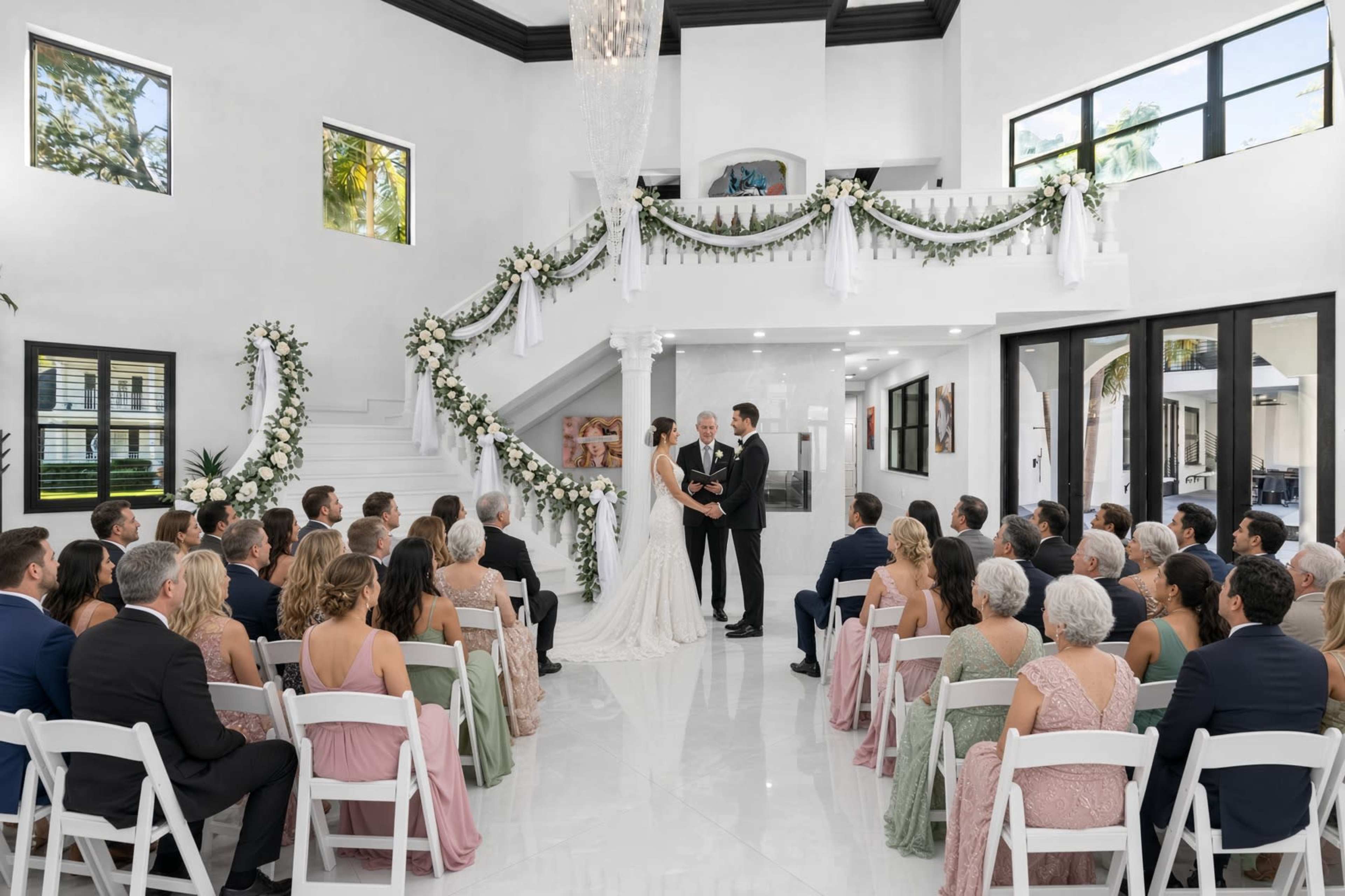 A wedding ceremony takes place indoors, with the couple standing at the front while guests are seated in rows, surrounded by floral decorations and a staircase in the background.