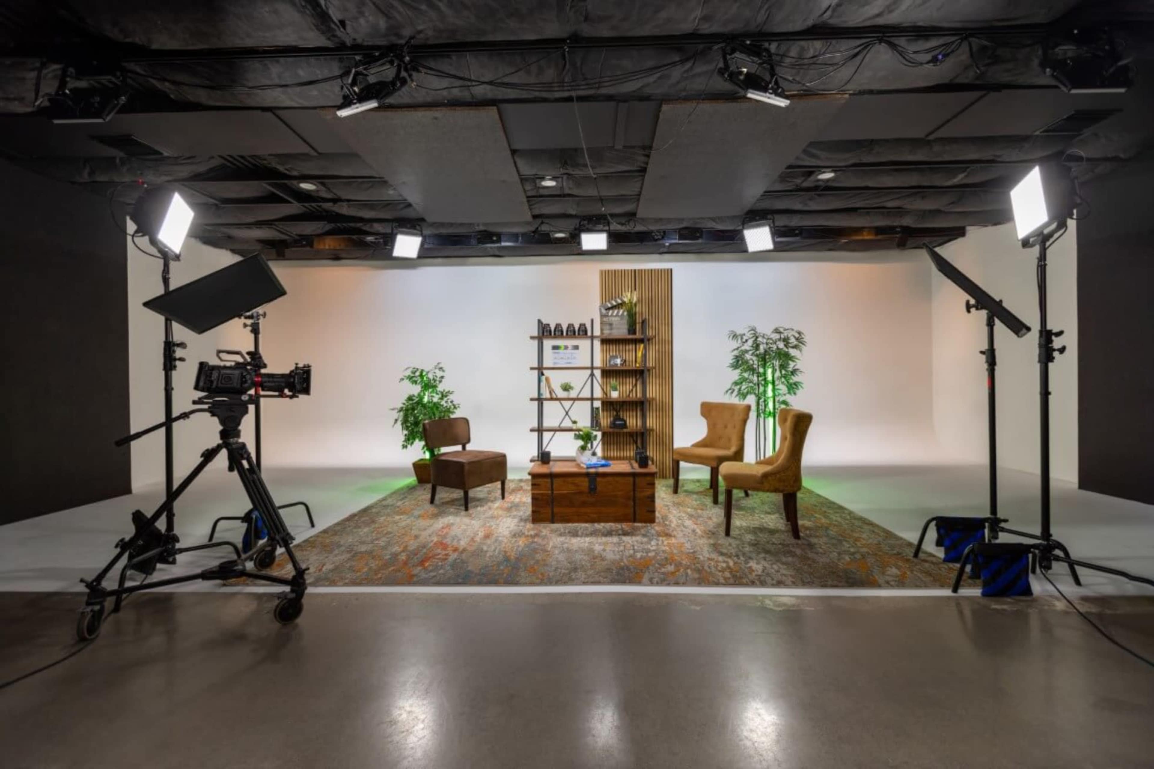A well-lit studio setup with two chairs, a wooden table, and decorative plants arranged around a backdrop.