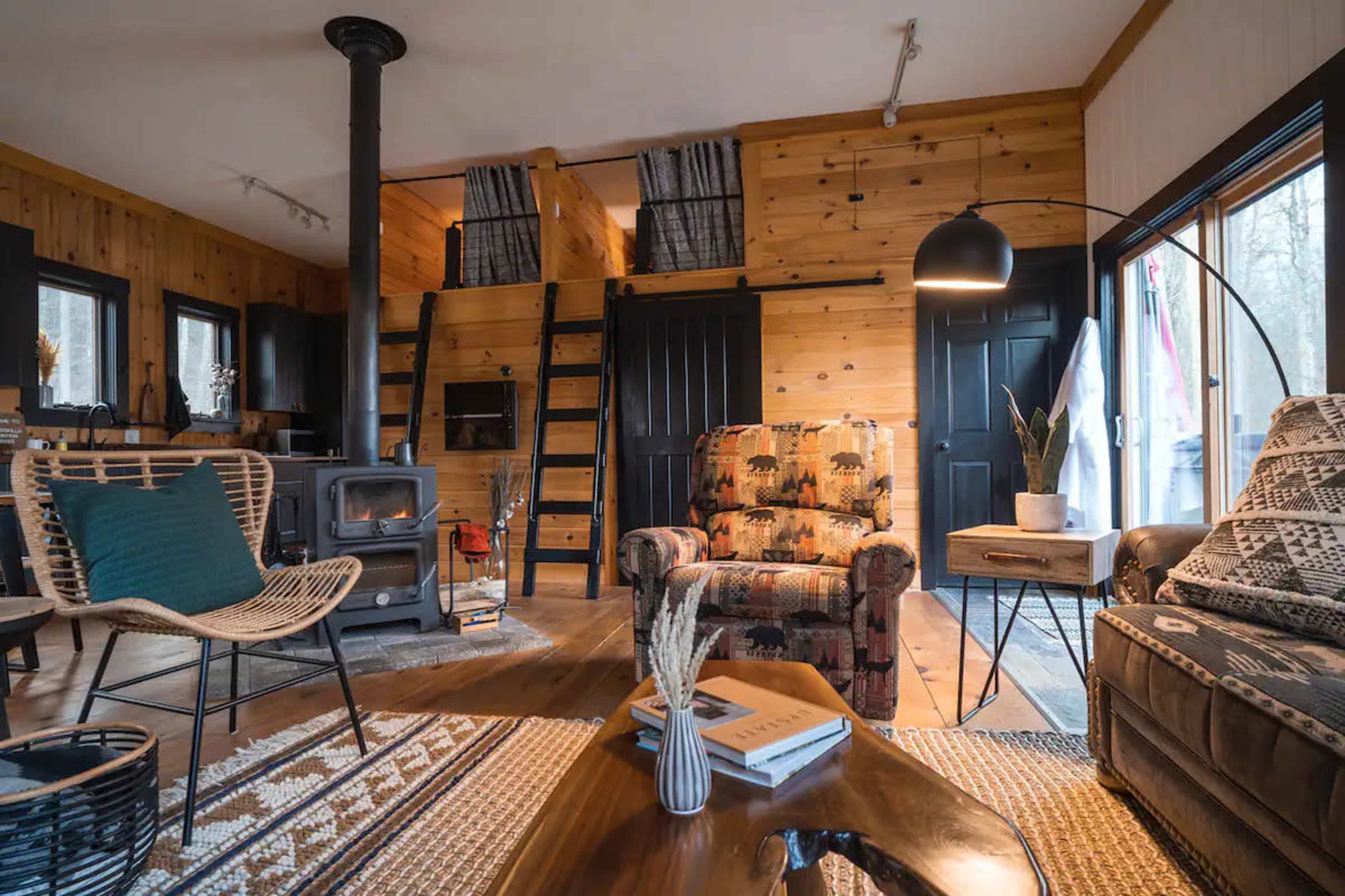 A cozy living space featuring a wood-burning stove, a patterned armchair, and wooden walls, with a ladder leading to a loft area.