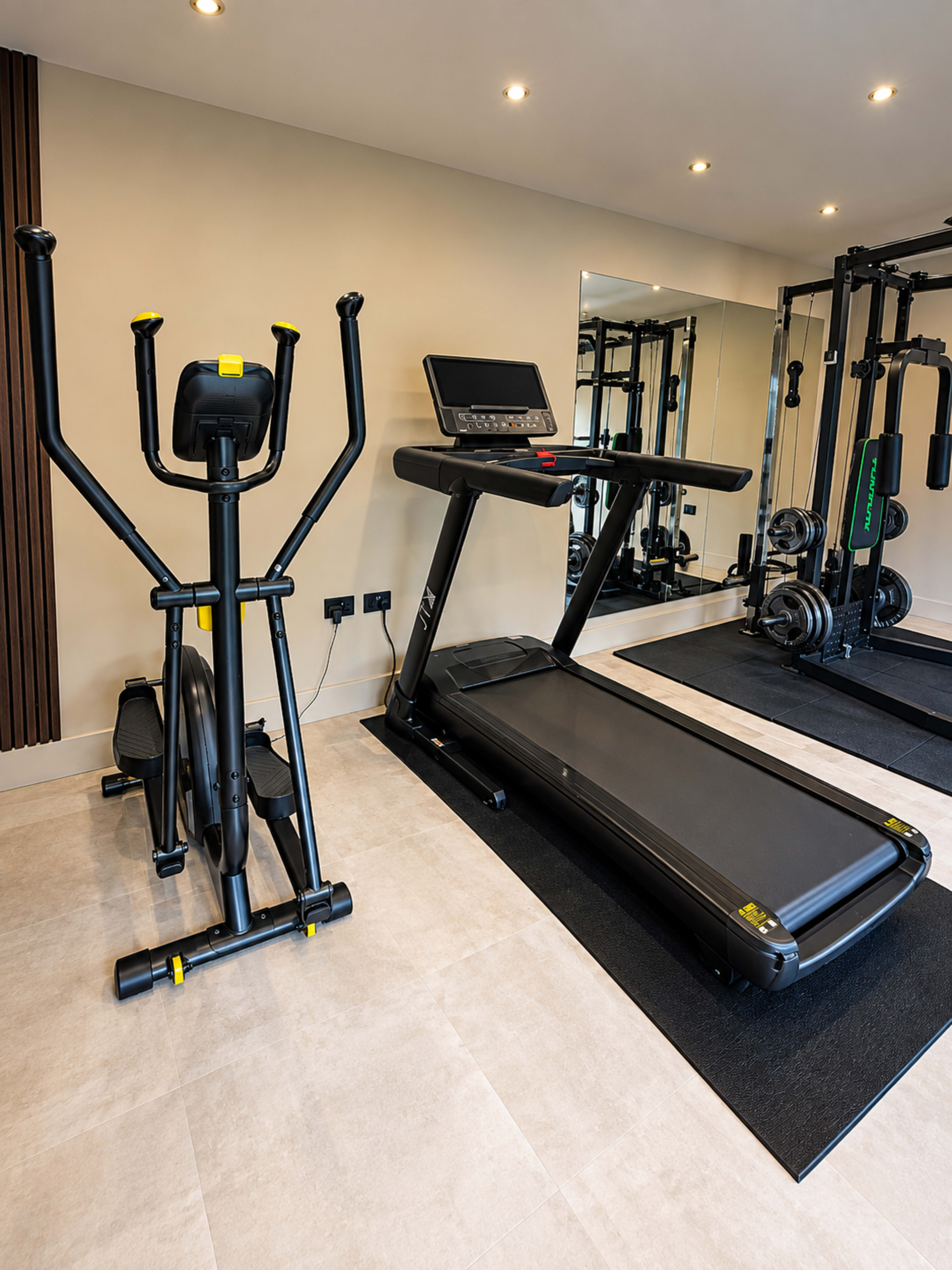 The image shows a home gym equipped with an elliptical machine and a treadmill, both positioned on a rubber mat with gym equipment visible in the background.