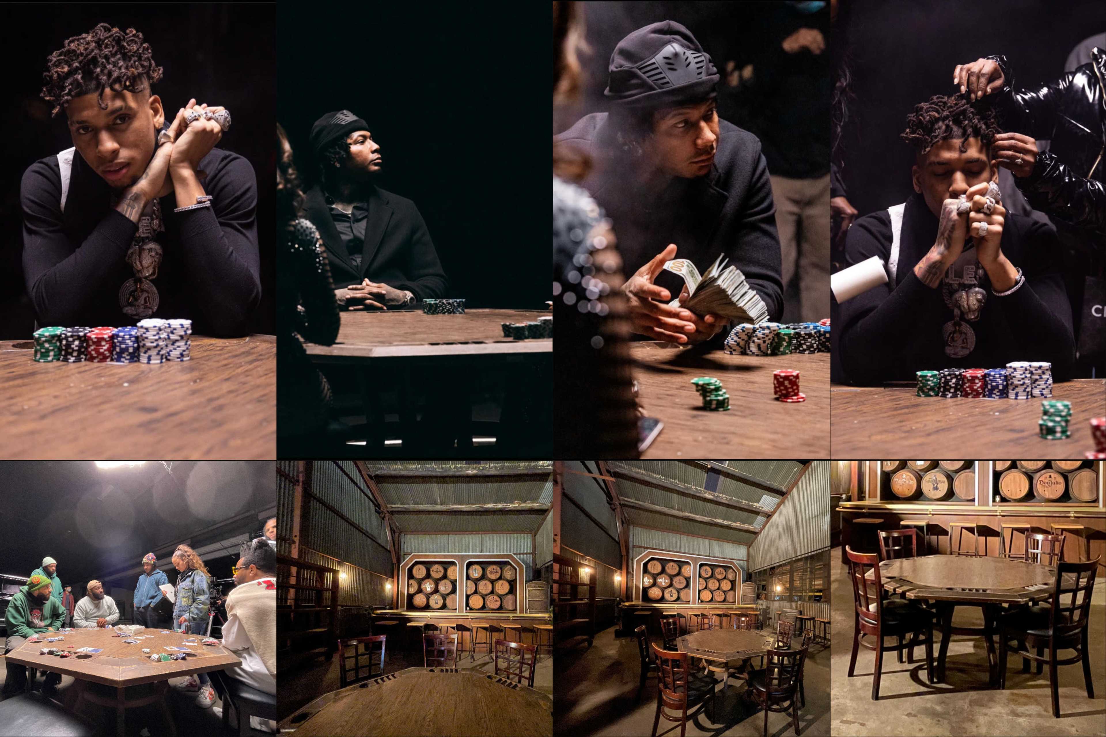 The image features multiple scenes of a poker game set in a dimly lit room, showcasing players at a wooden table with poker chips and cards while others observe.