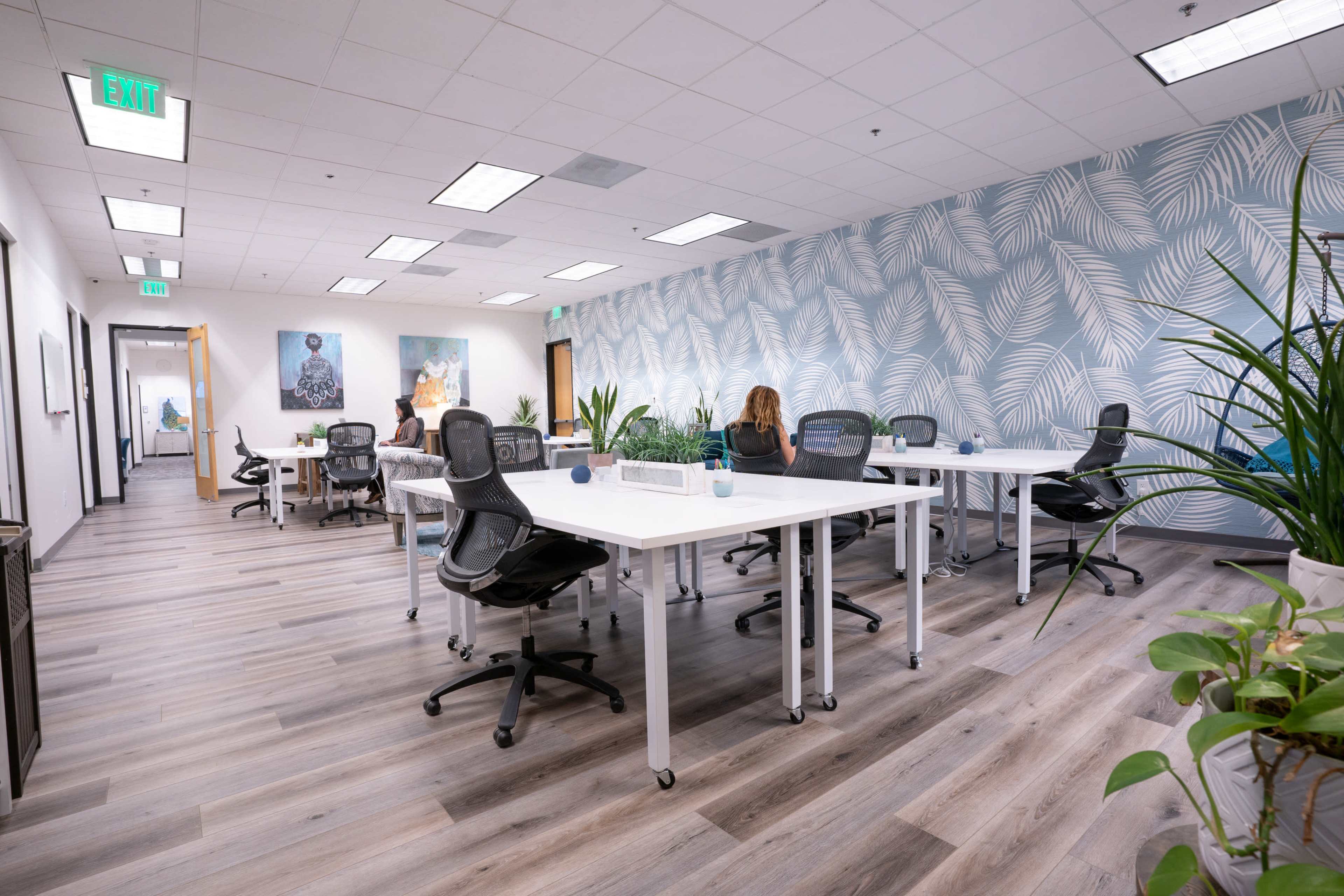 The image shows a modern office space with several work desks, plants, and decorative wall art.