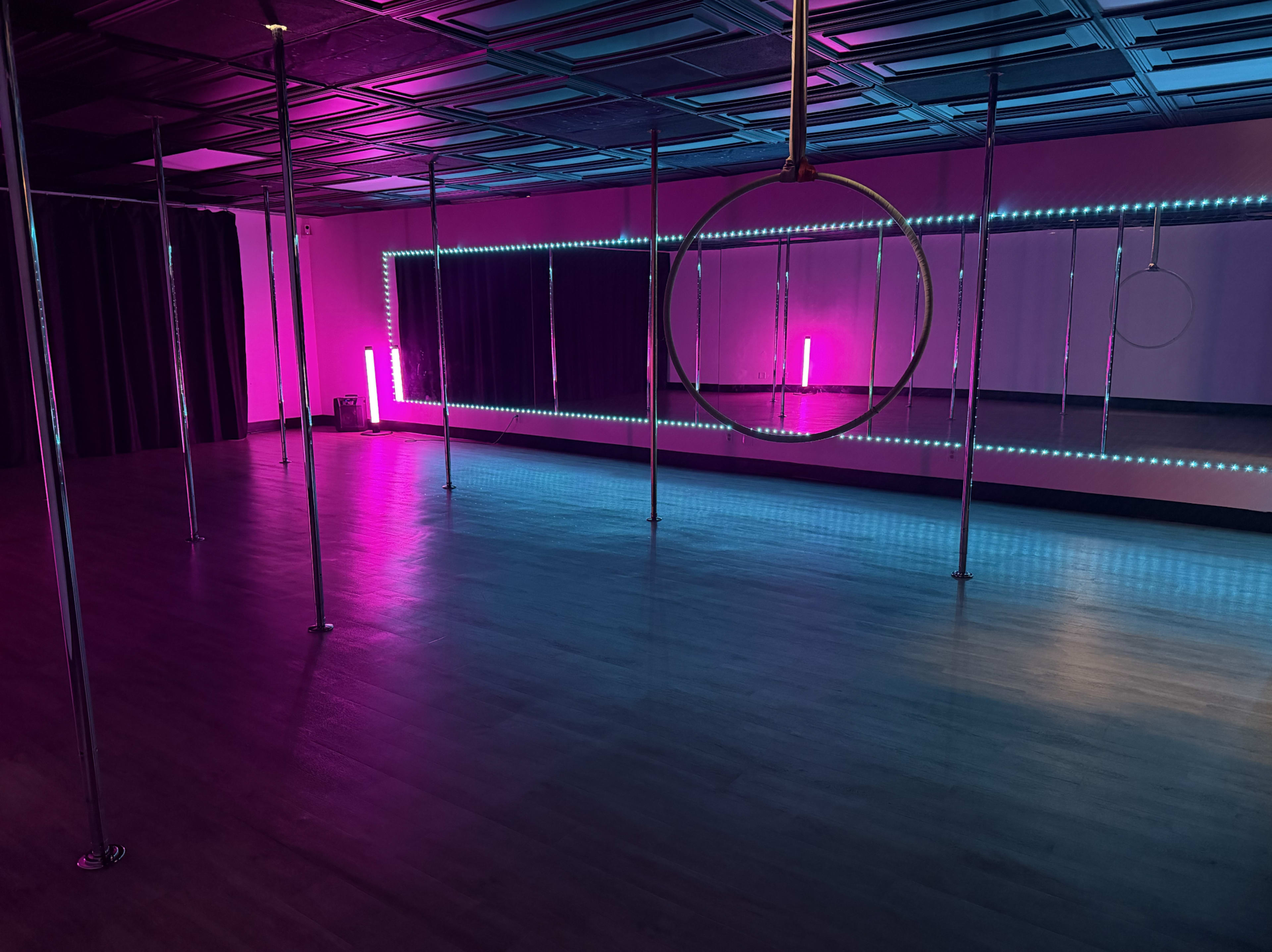 Pole Dance & Recording Space in Valley Mall with Poles or Open Dance Floor, We Provide a Neon Light Experience Image in El Monte, El Monte, CA