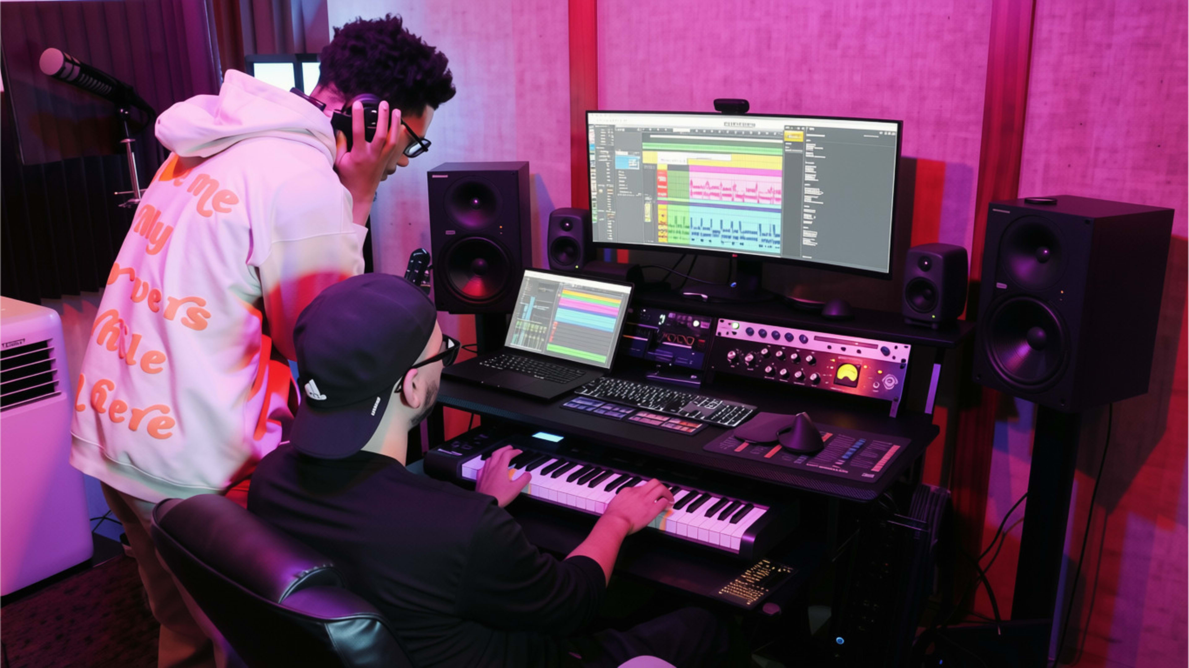 Two individuals are in a music production studio, with one standing and listening through headphones while the other is seated at a keyboard and mixing audio on a computer.