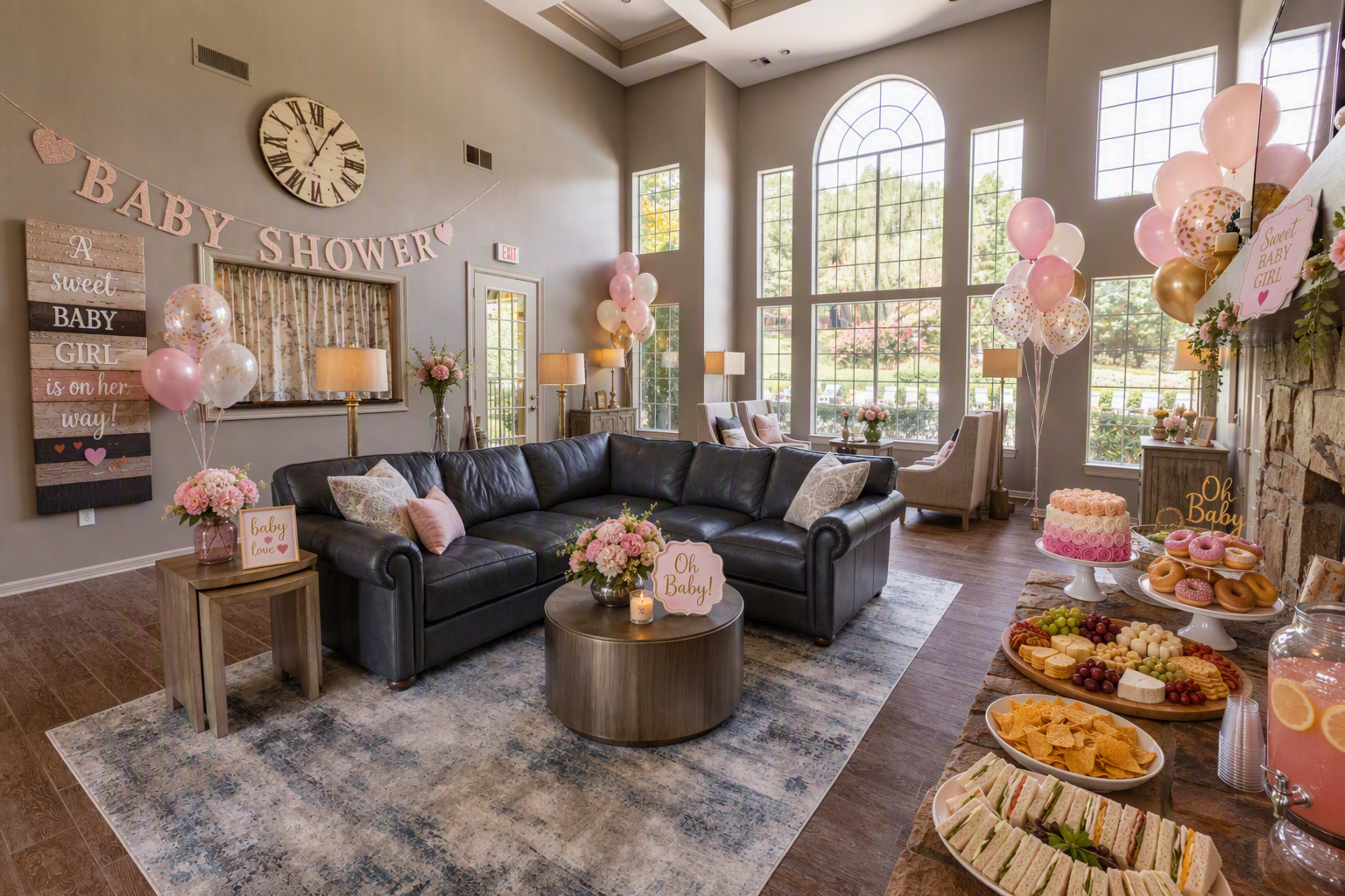 The image shows a beautifully decorated living room set up for a baby shower, featuring a dark leather sofa, a table with an assortment of snacks and a cake, along with balloons and floral arrangements.