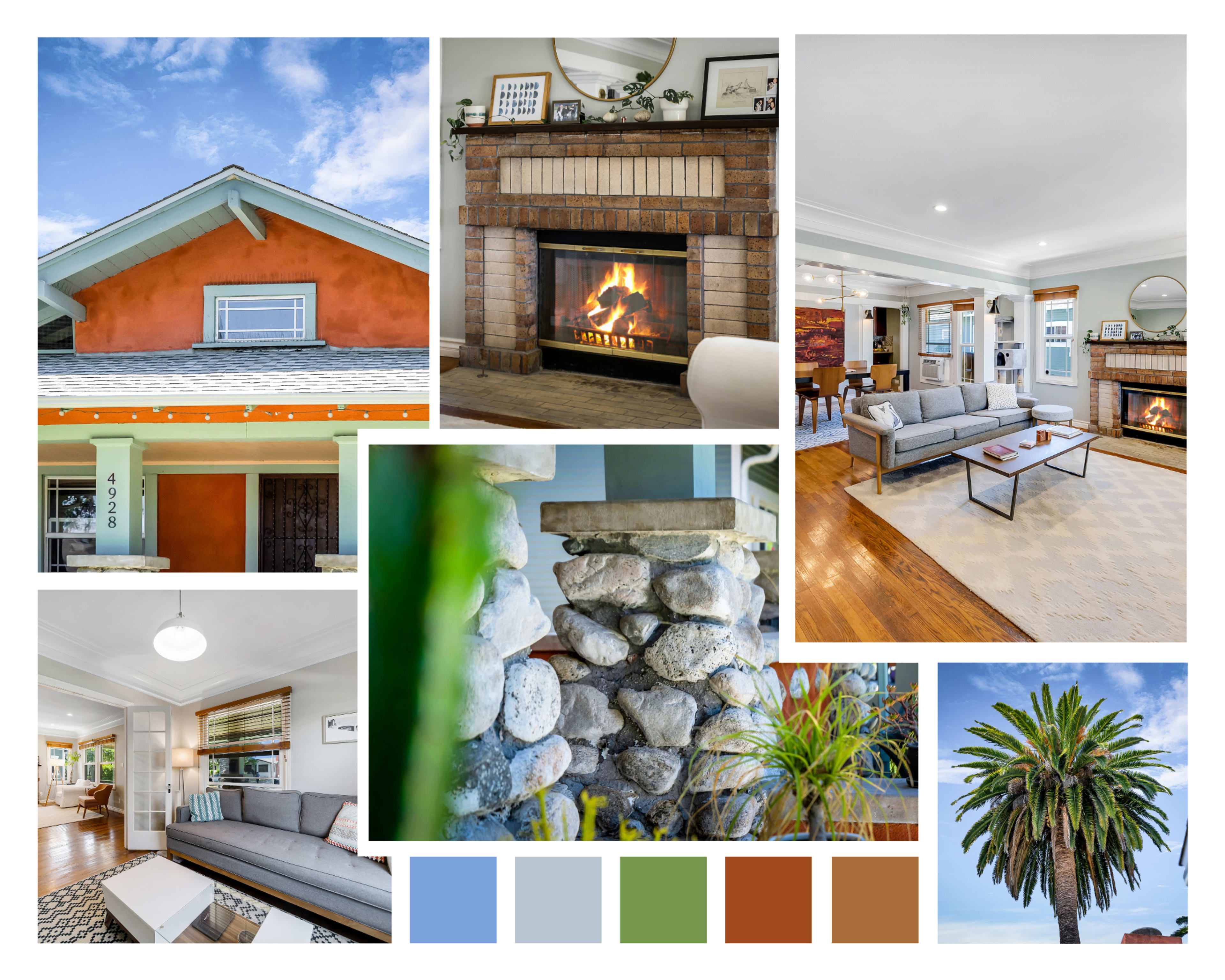 The collage features various images of a home, including its exterior, living room with a fireplace, and decorative elements, alongside a color palette.