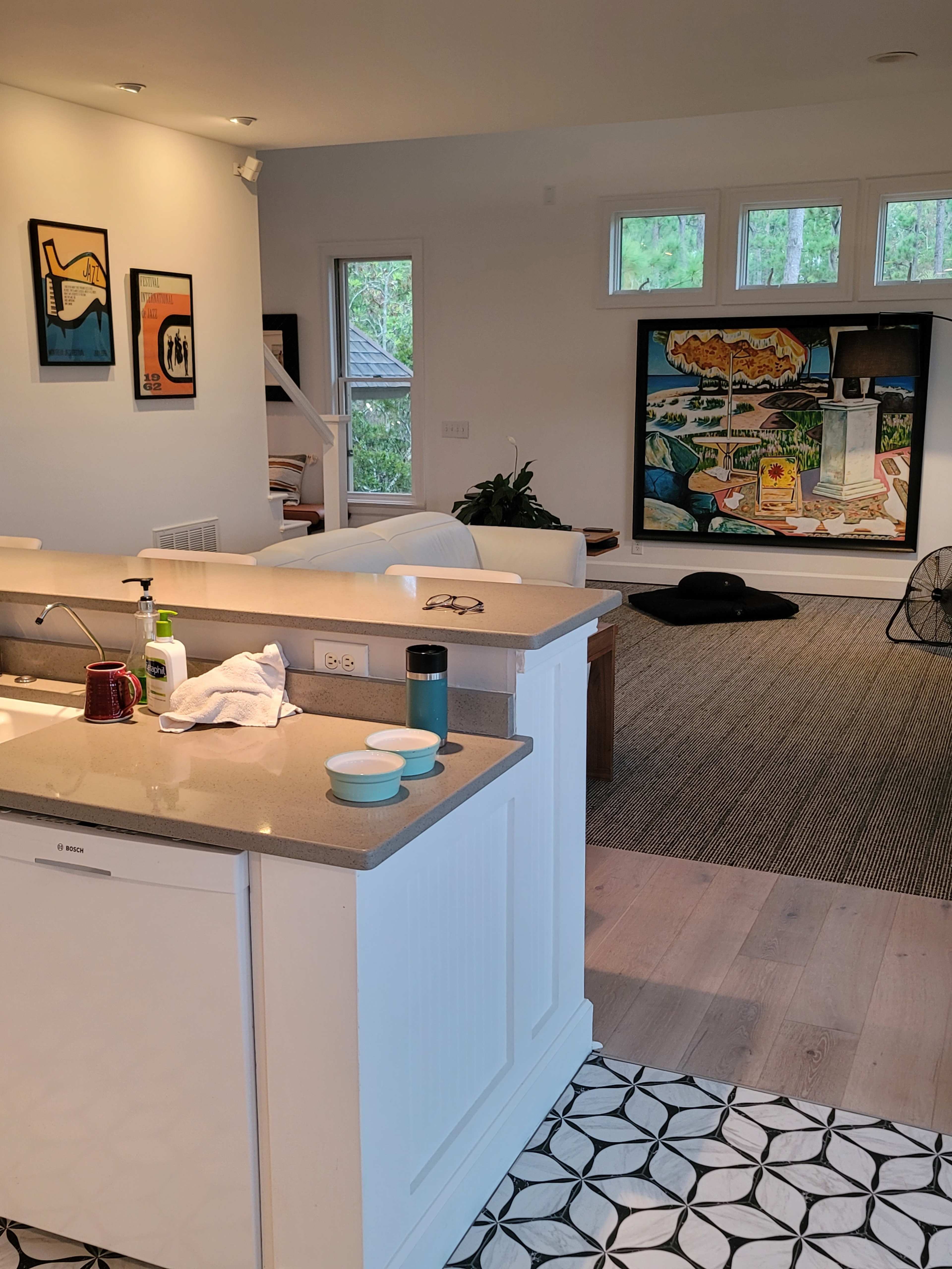 A modern kitchen with an open layout, featuring a sink and countertop, leading into a living area with a large mural on the wall and a rug on the floor.