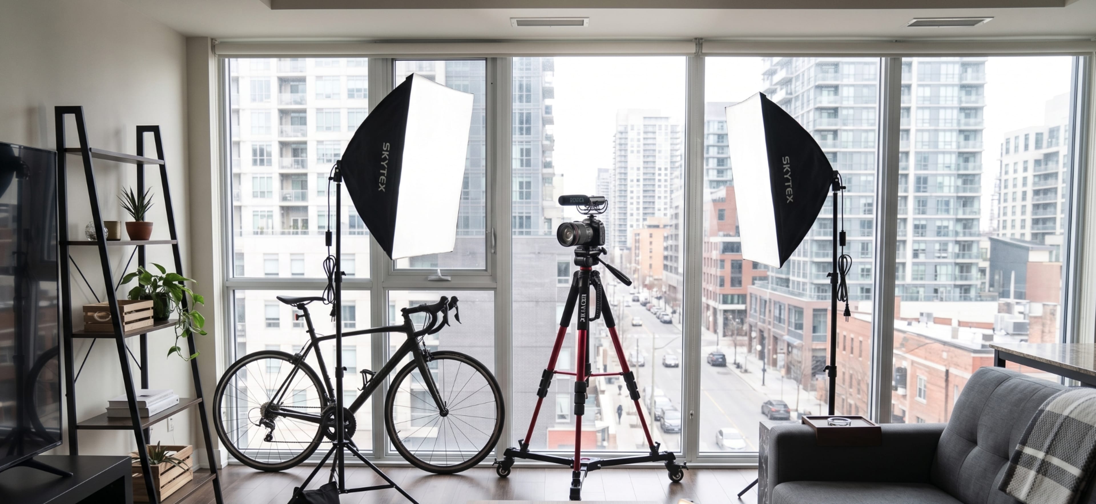 A bright apartment features a camera setup with two softbox lights, a tripod, a bicycle, and a view of a city street through large windows.