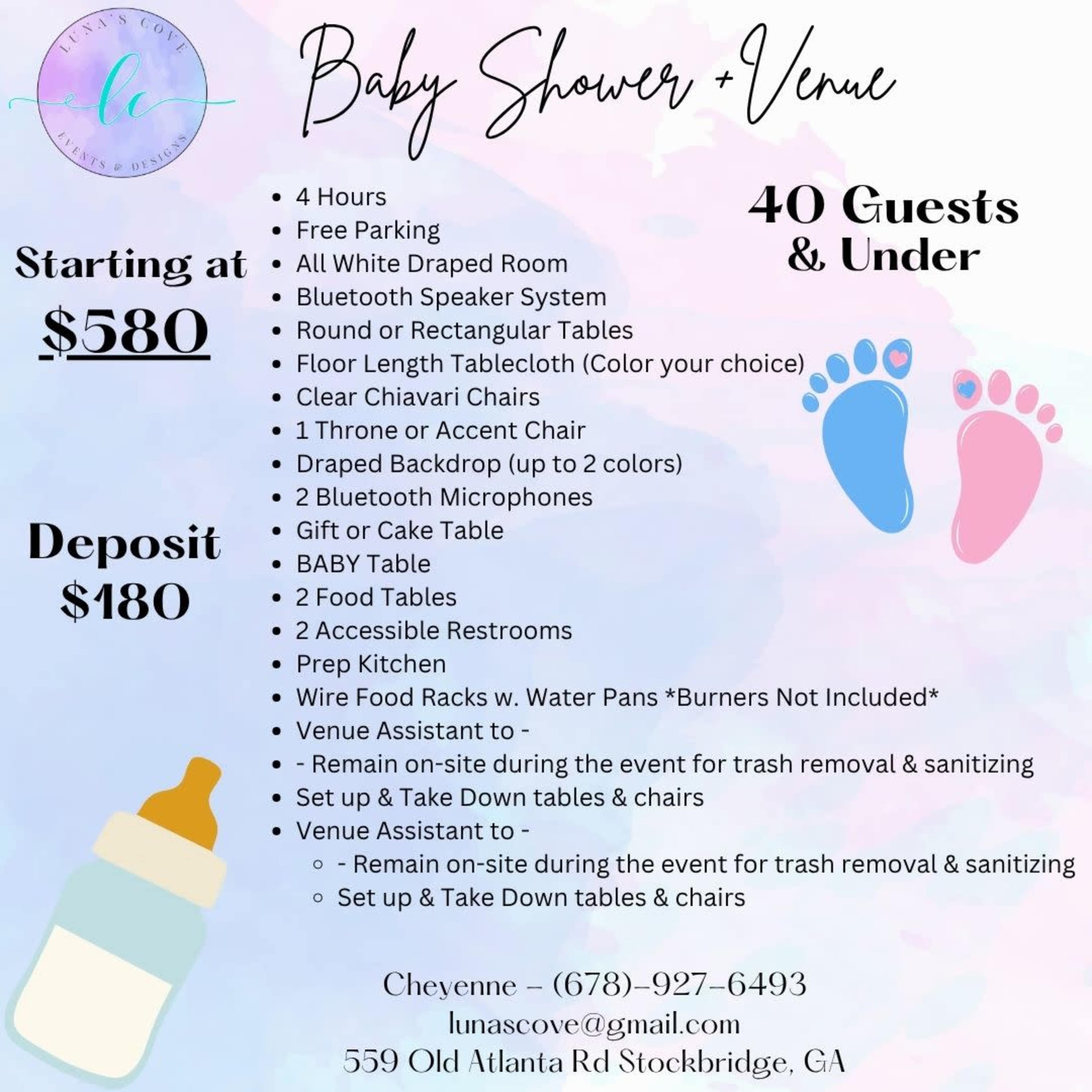 The image displays a promotional flyer for a baby shower venue service, detailing pricing, package inclusions, and contact information.