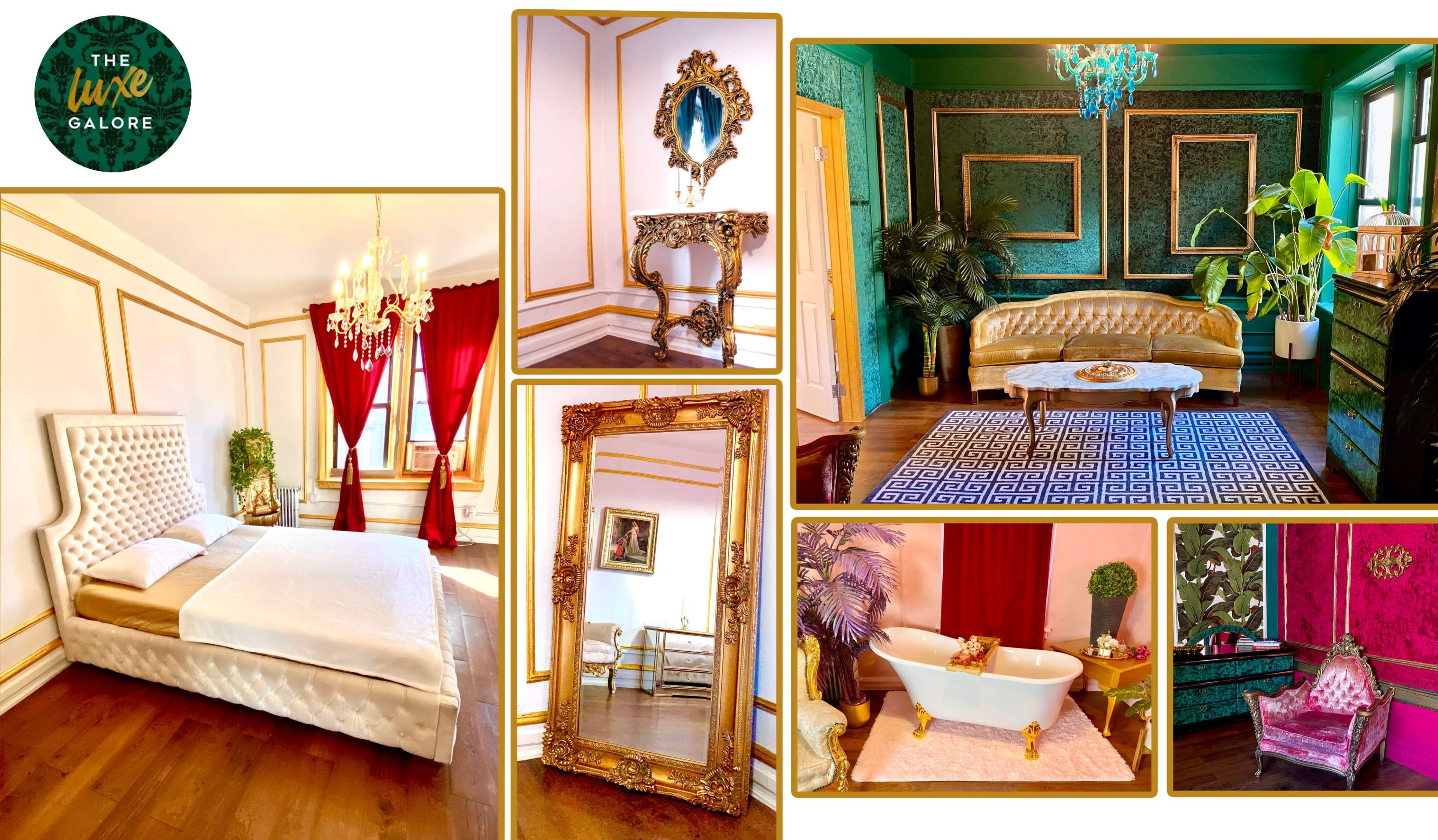 A collection of elegantly designed rooms featuring ornate furnishings, decorative mirrors, and vibrant color schemes.