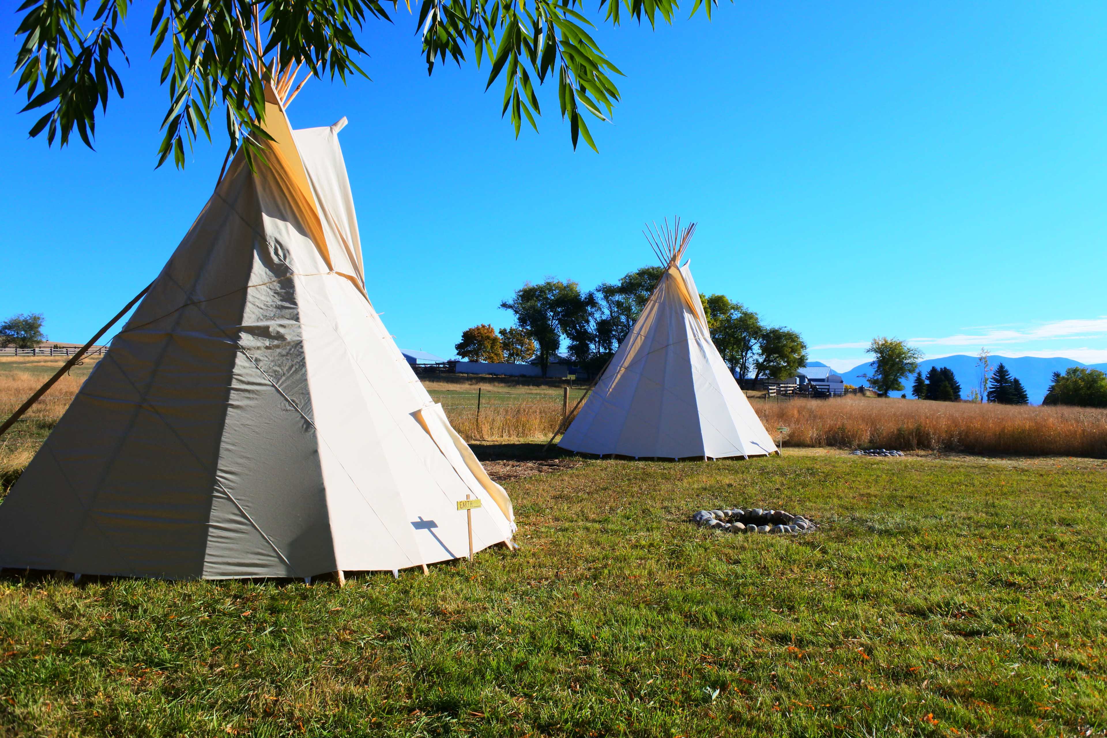 Two teepees are set up on a grassy area surrounded by trees and distant mountains under a clear blue sky.