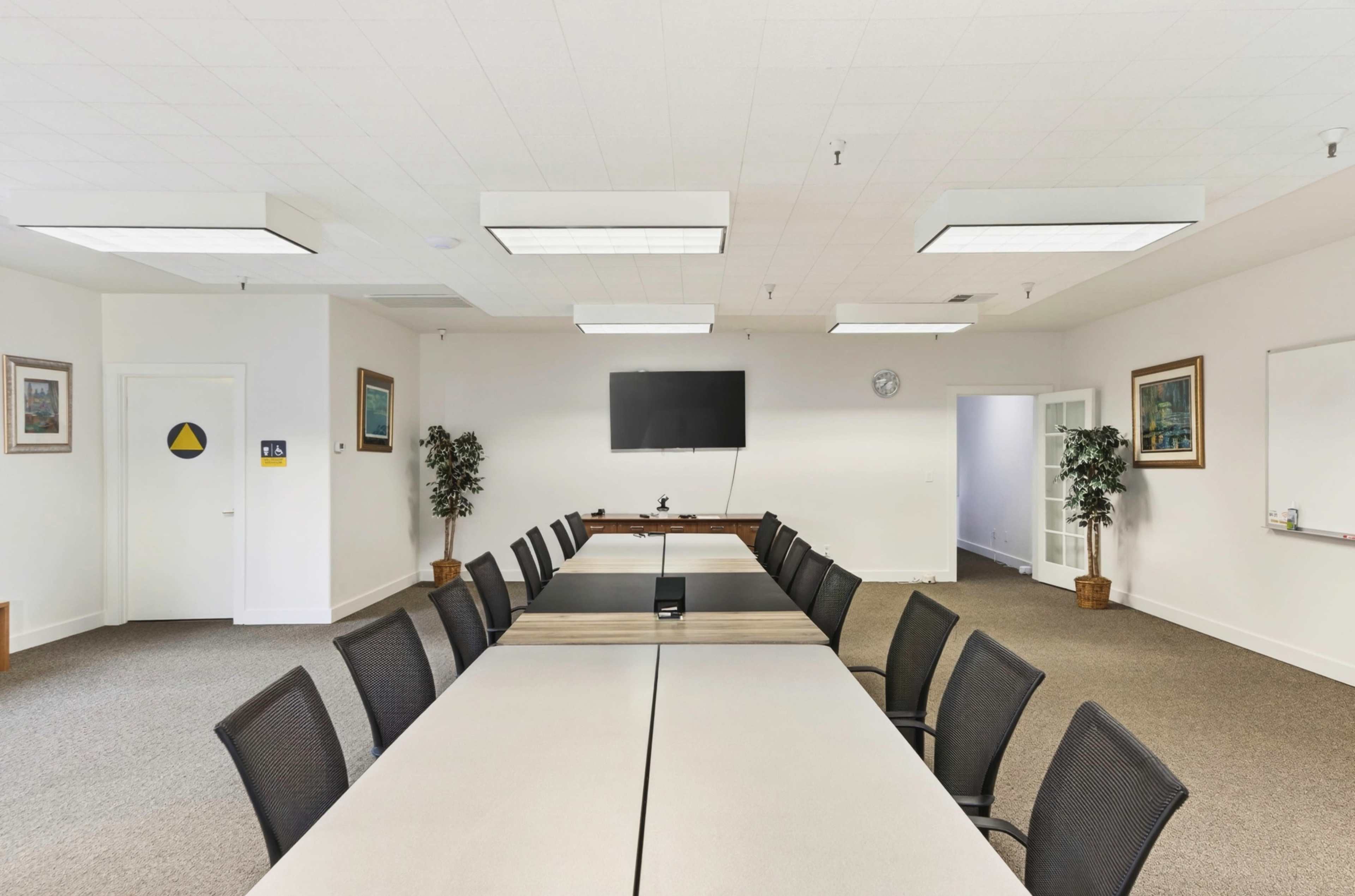 The image shows a well-lit conference room with a long table surrounded by black chairs, a wall-mounted television, and two potted plants.