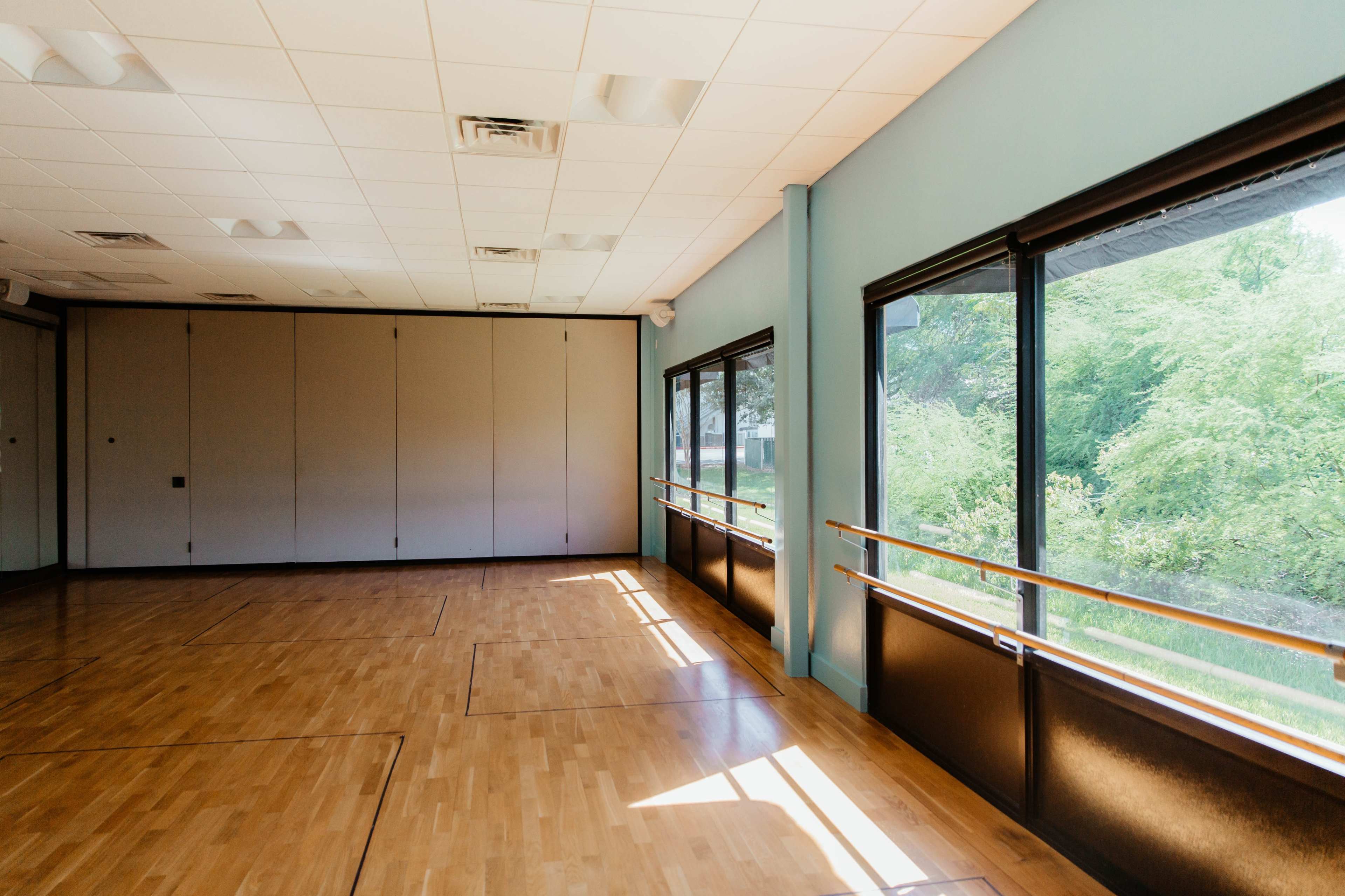 The image shows a spacious, empty dance studio with large windows allowing natural light and a view of greenery outside.