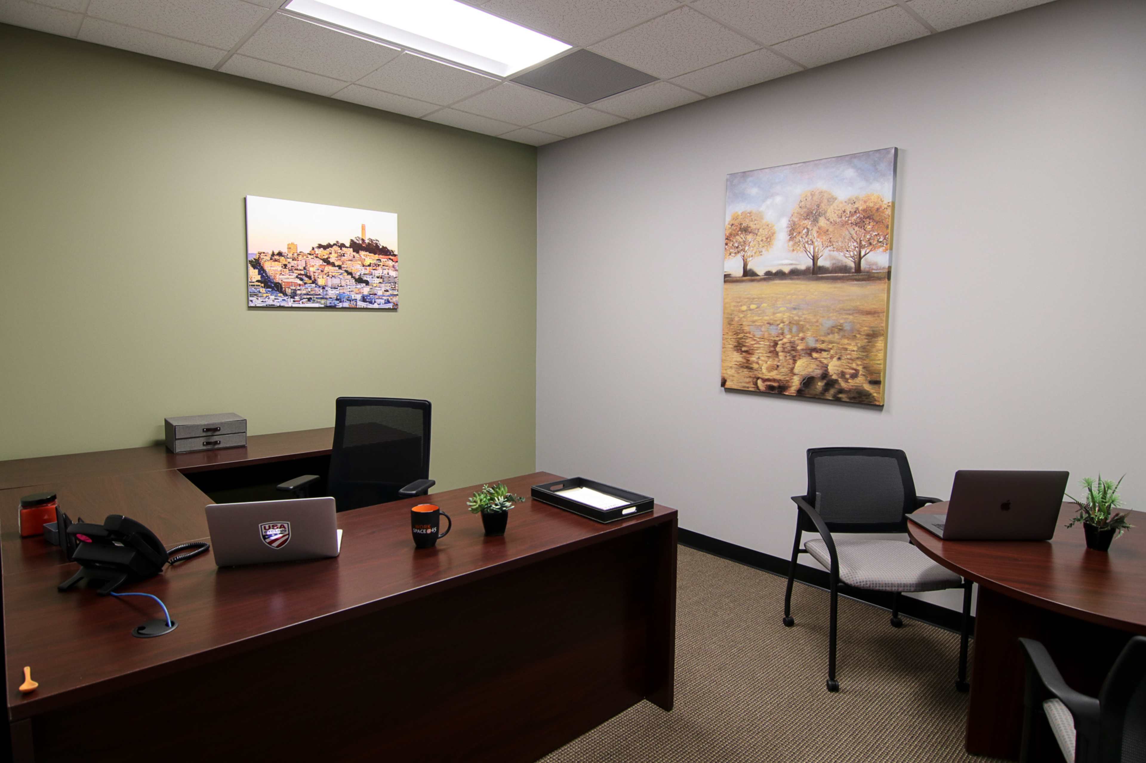A modern office space featuring a desk with a laptop, a chair, and a wall adorned with two framed artworks.