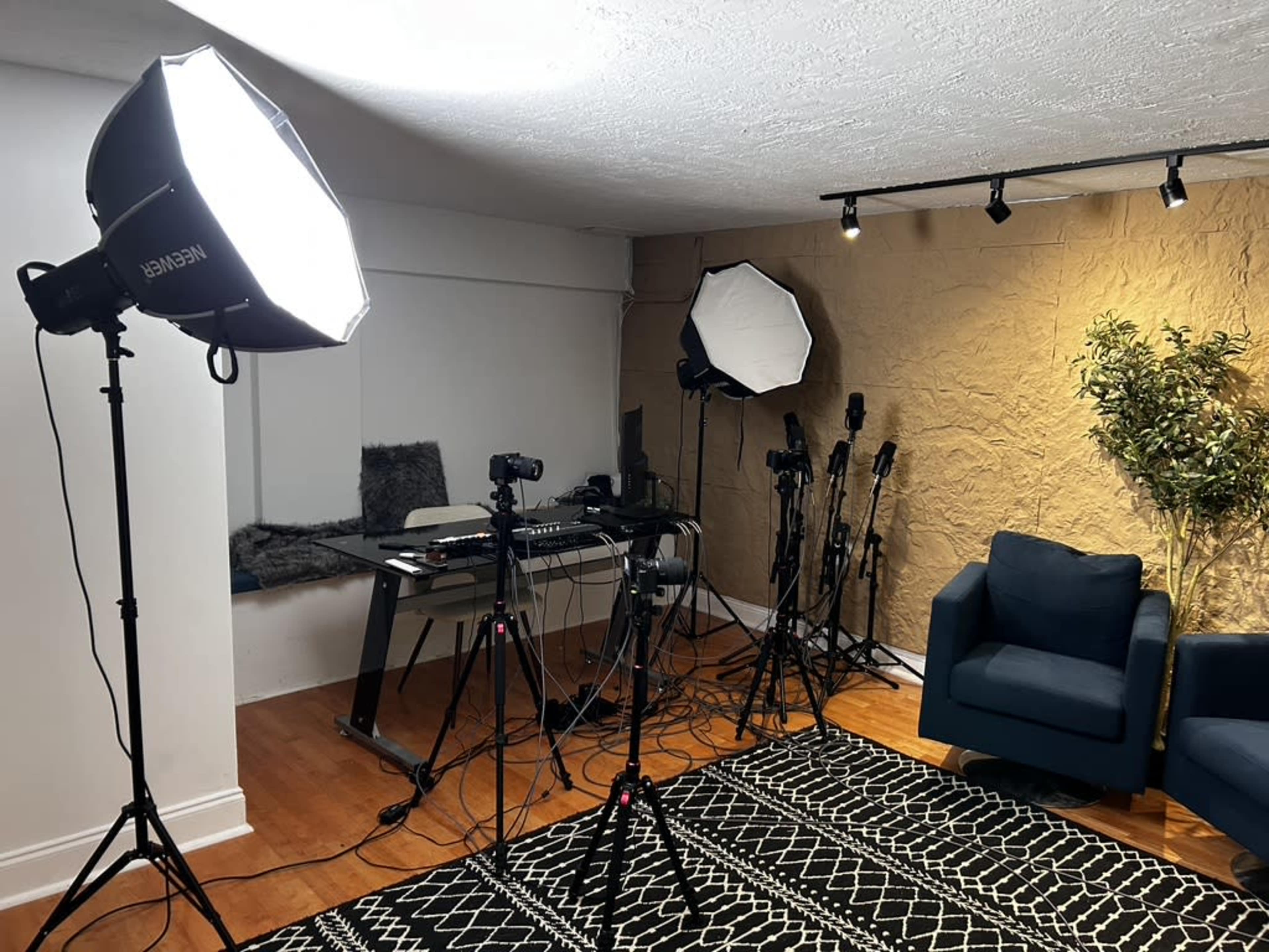 A well-lit studio setup featuring multiple camera tripods, softbox lights, and a seating area with two blue chairs on a patterned rug.