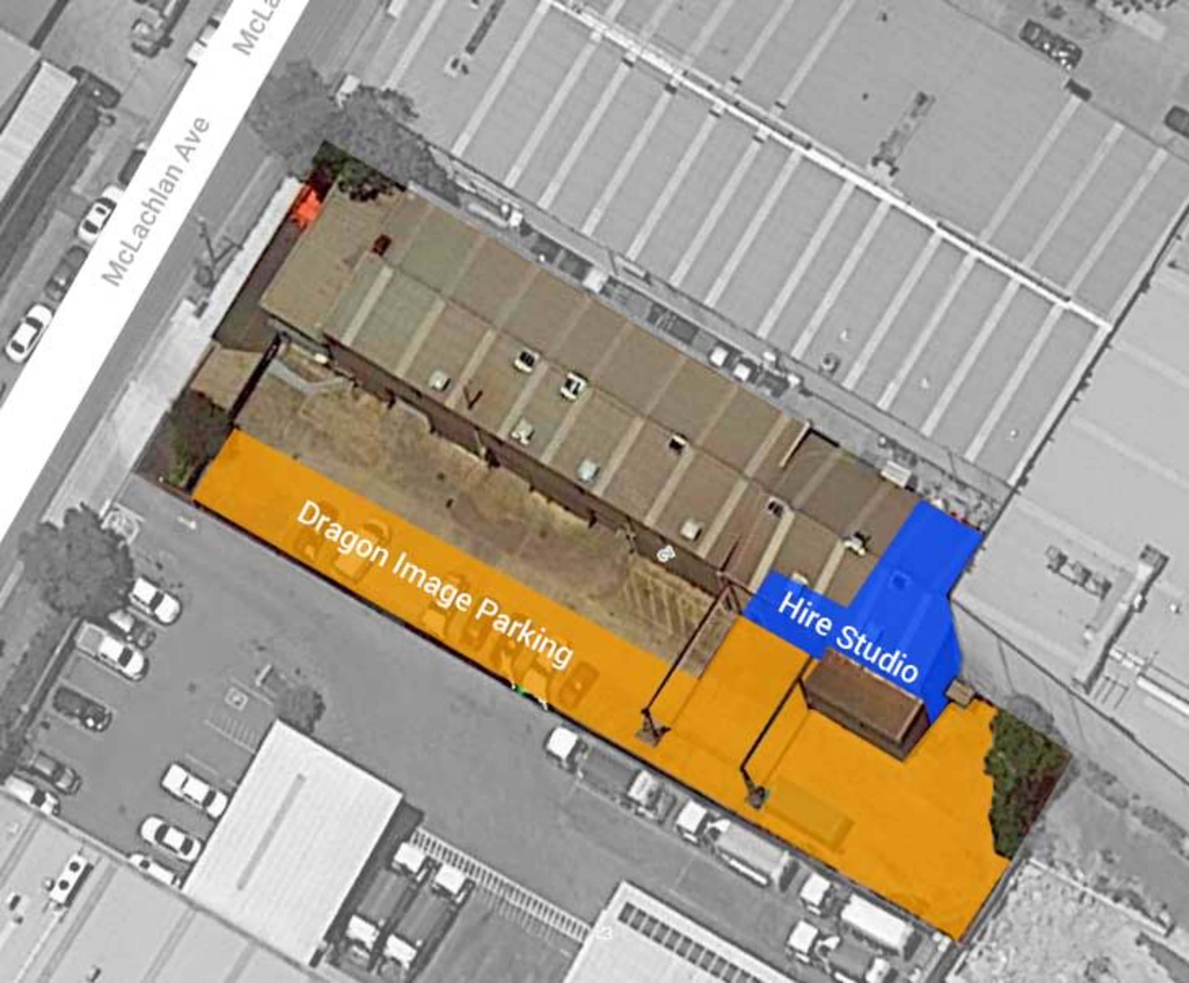 An aerial view of a building layout with designated areas labeled for "Dragon Image Parking" and "Hire Studio" in orange and blue respectively.