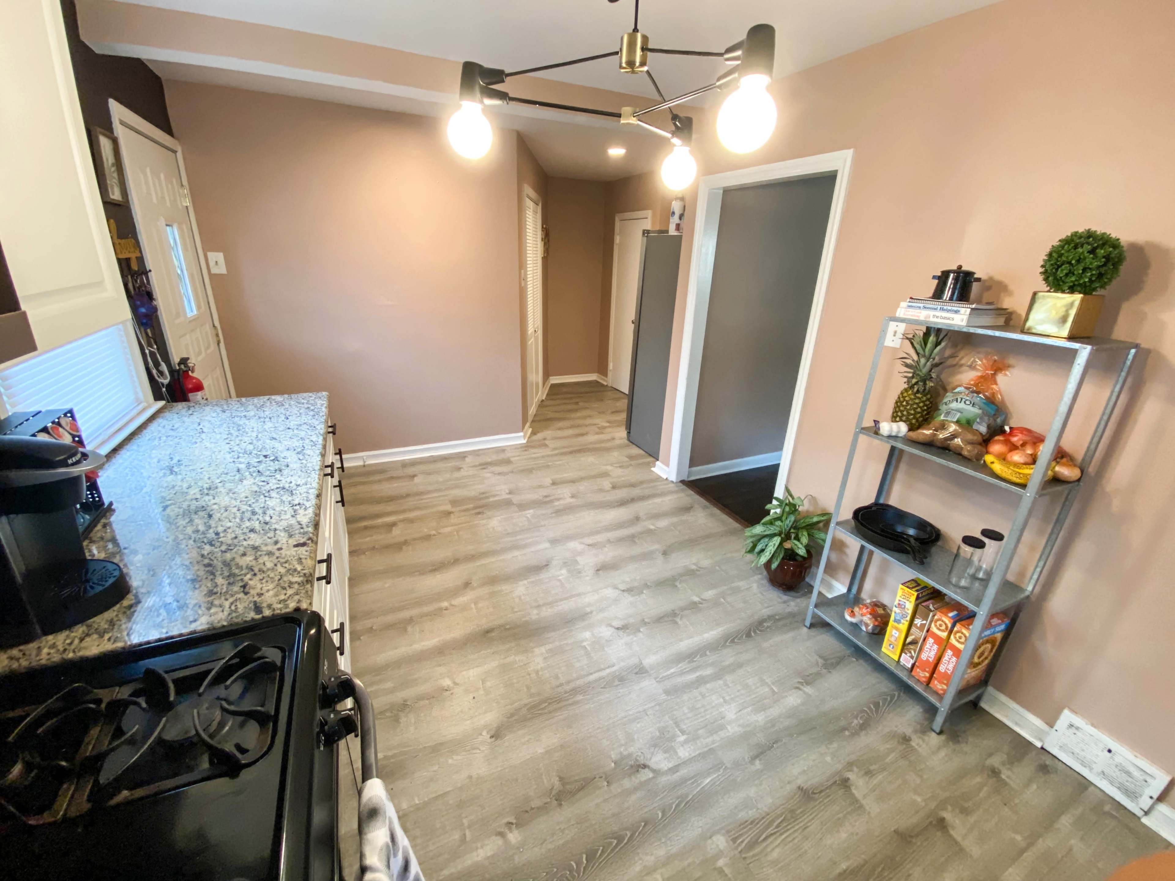 The image shows a kitchen interior with a granite counter, a gas stove, and a metal shelf displaying various food items and plants.