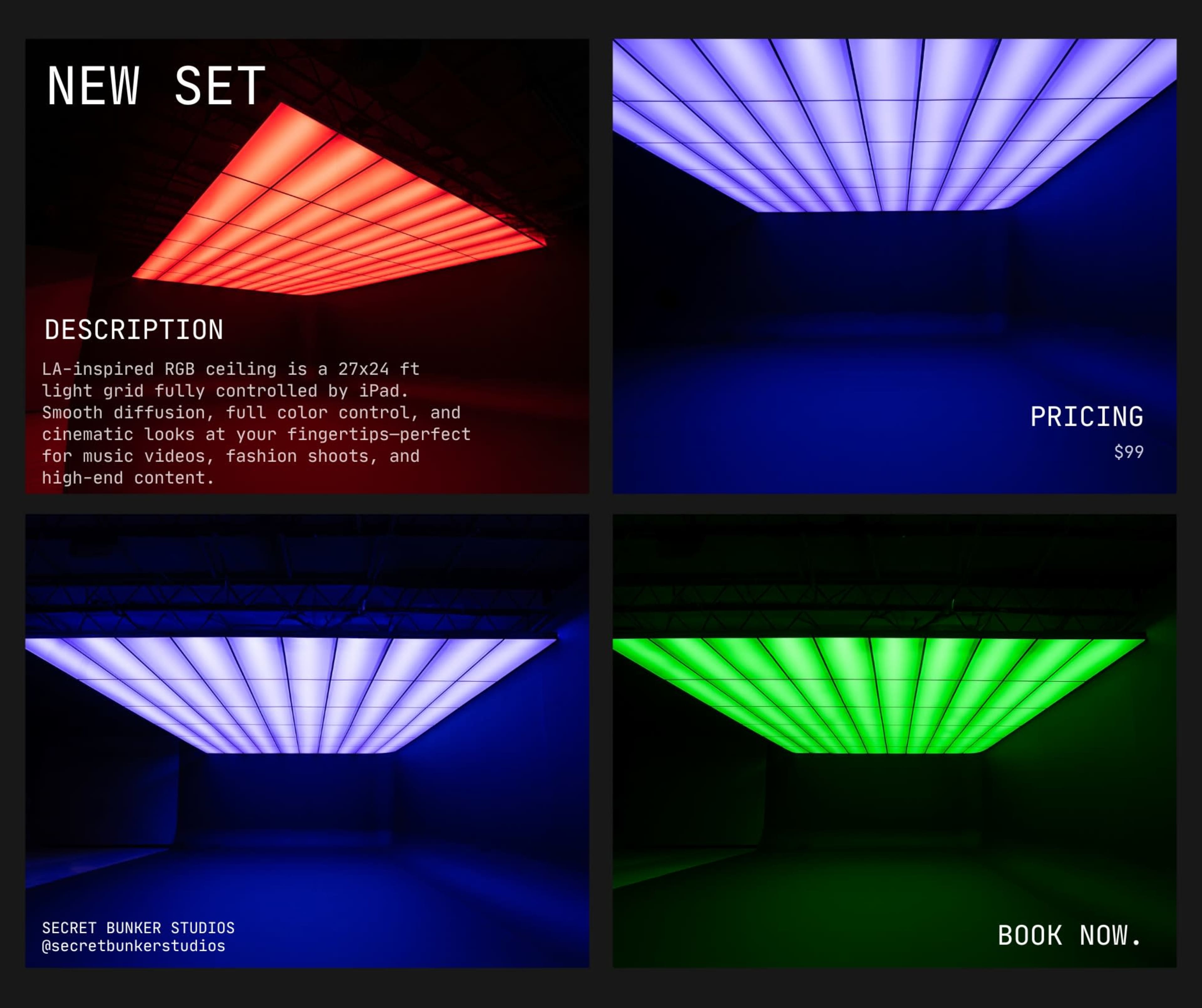 The image showcases a promotional layout for a new lighting setup featuring a 27x24 ft RGB ceiling grid, with sections highlighting its features, pricing, and a call to action to book the service.