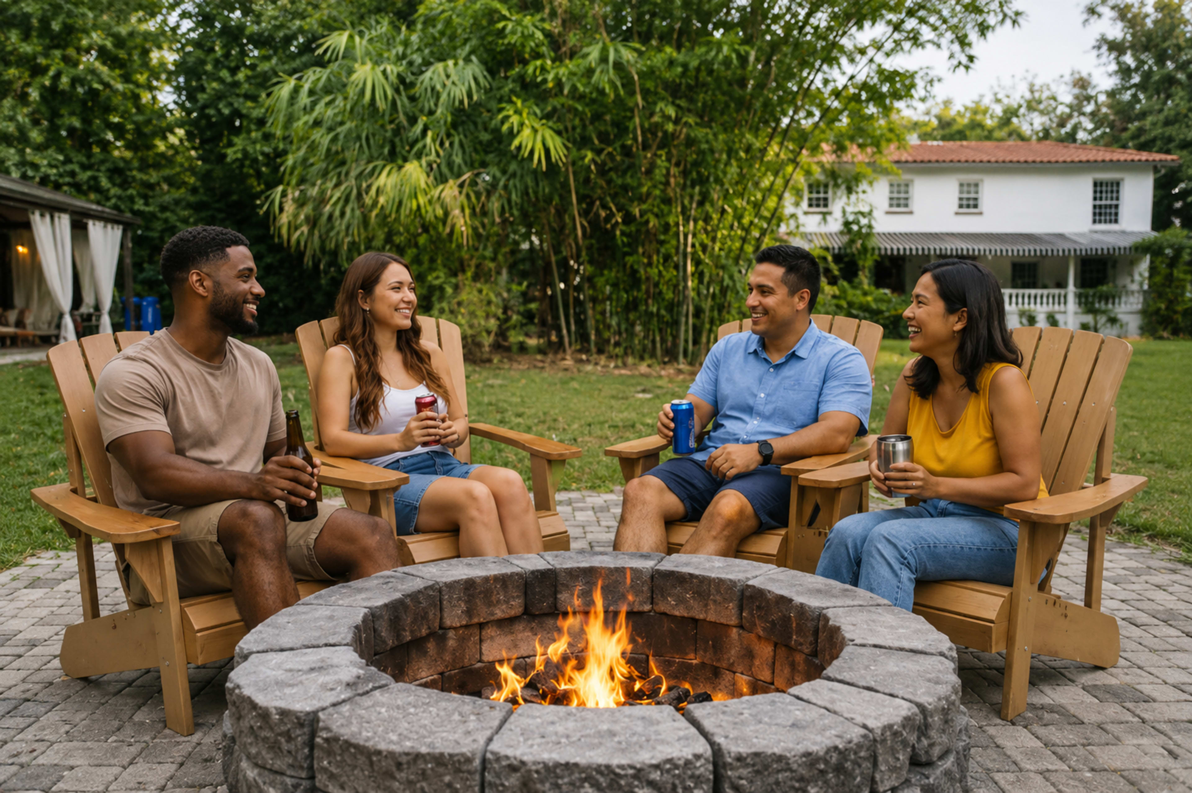 Four people sit around a stone fire pit, enjoying drinks and conversation in a backyard with greenery and a house in the background.