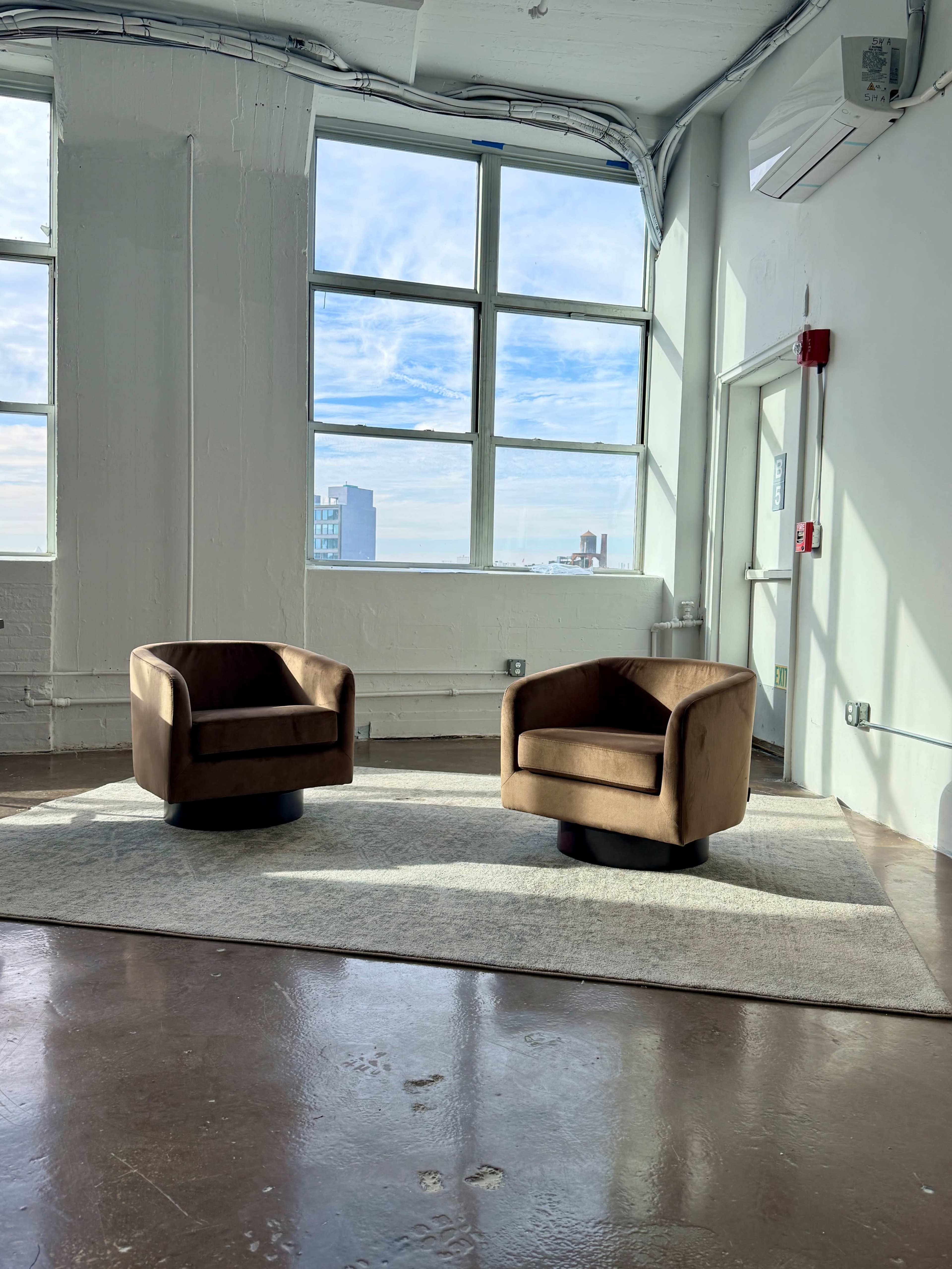Two brown armchairs are positioned on a light gray rug in a brightly lit room with large windows.