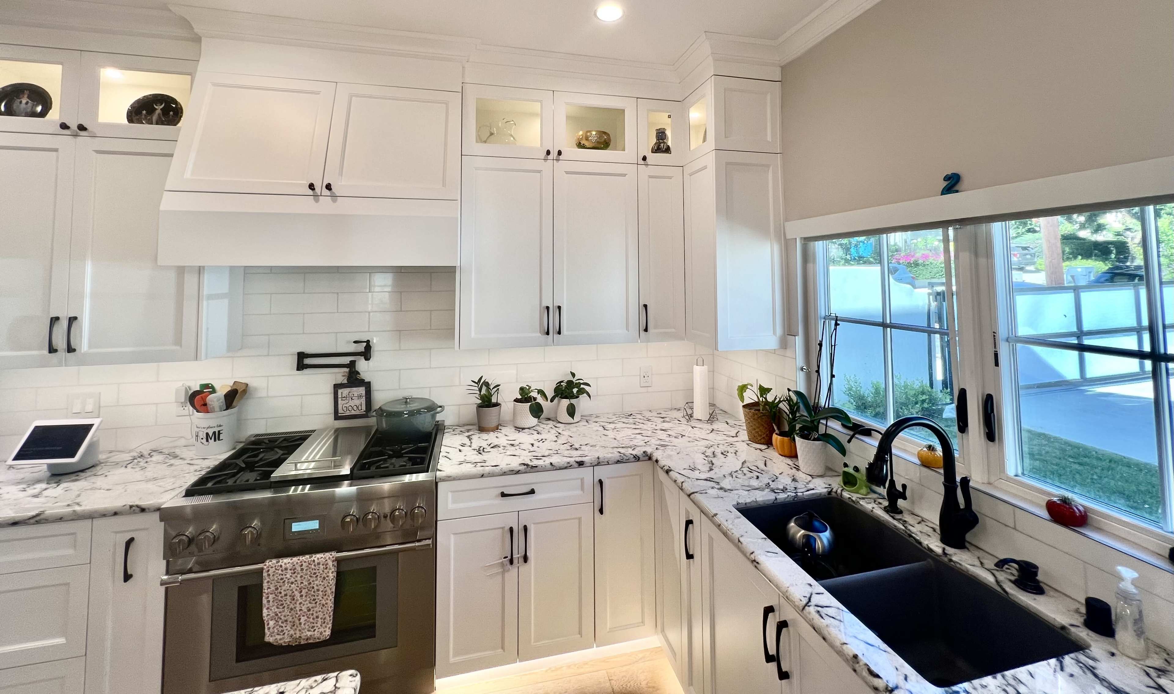 A modern kitchen features white cabinetry, a marble countertop, and a large sink beside multiple houseplants.