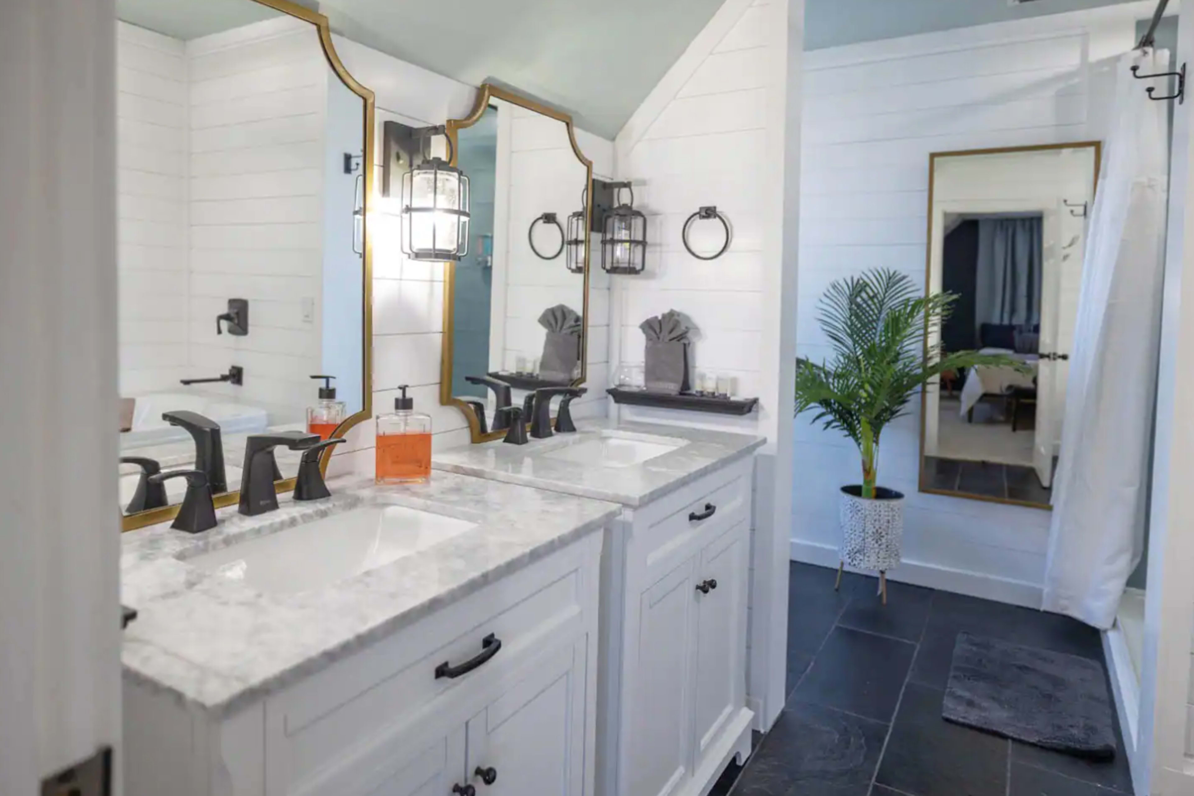 The image shows a modern bathroom featuring a double-sink vanity with marble countertops, black fixtures, and a large mirror, along with a decorative plant in a nearby corner.